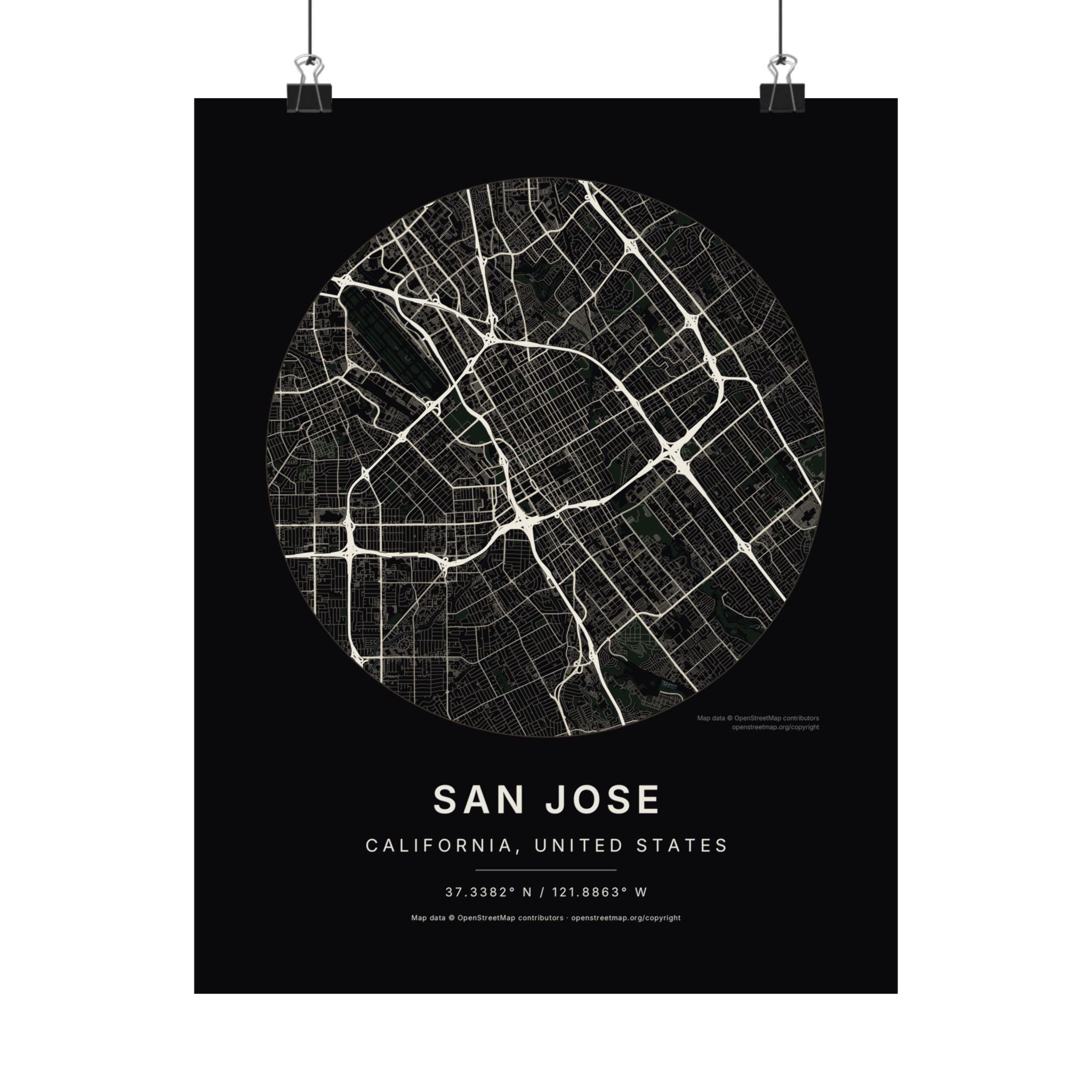 San Jose, California City Map Print — Noir Black Street Map Wall Art