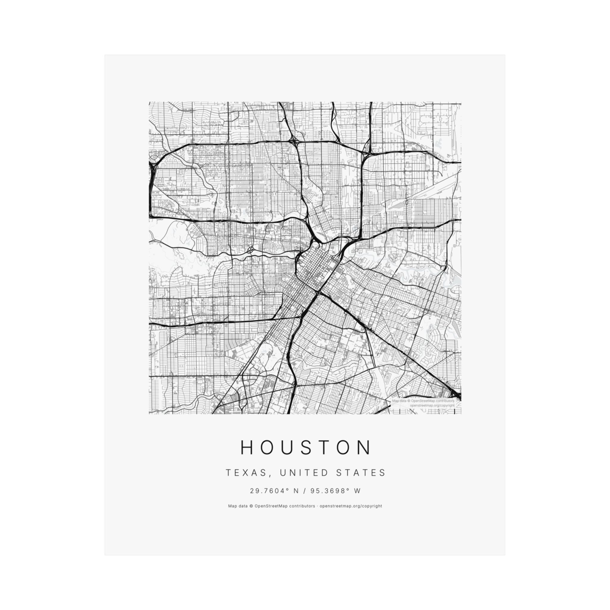 Houston, Texas City Map Print — Minimalist Street Map Wall Art