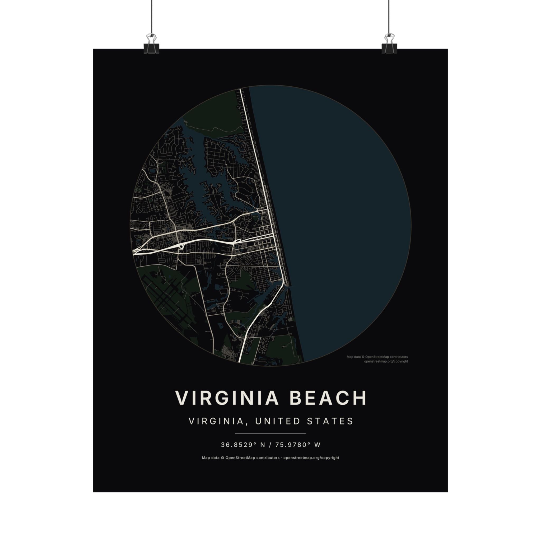 Virginia Beach, Virginia City Map Print — Noir Black Street Map Wall Art
