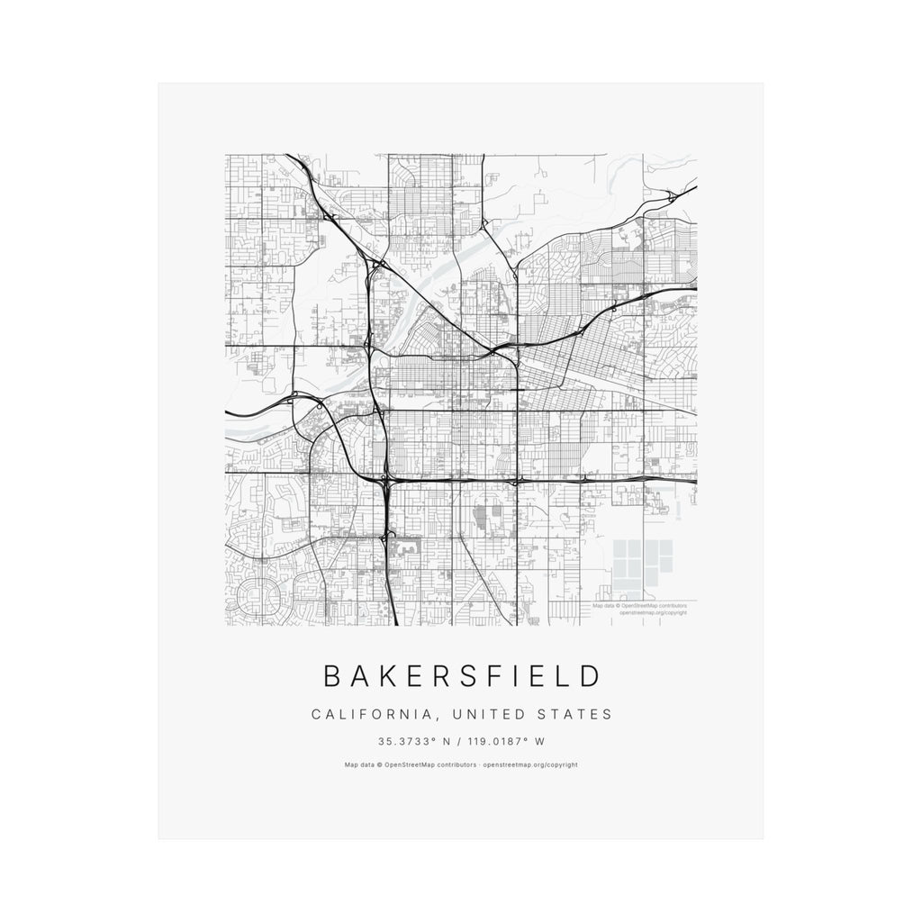 Bakersfield, California City Map Print — Minimalist Street Map Wall Art