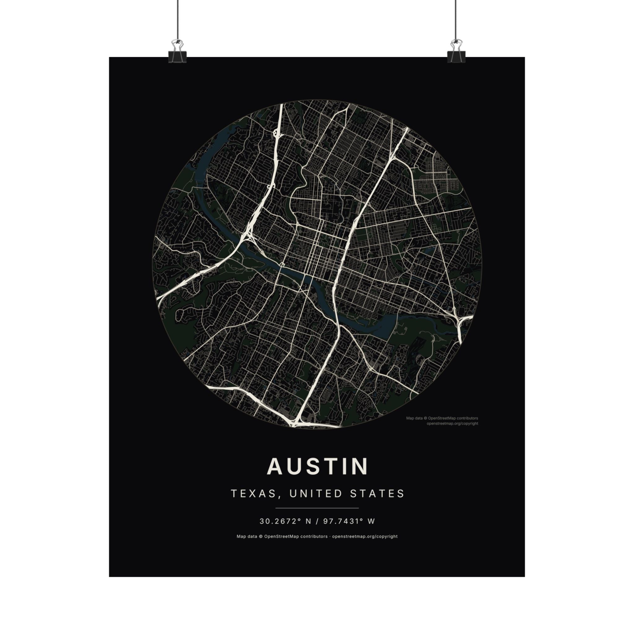 Austin, Texas City Map Print — Noir Black Street Map Wall Art