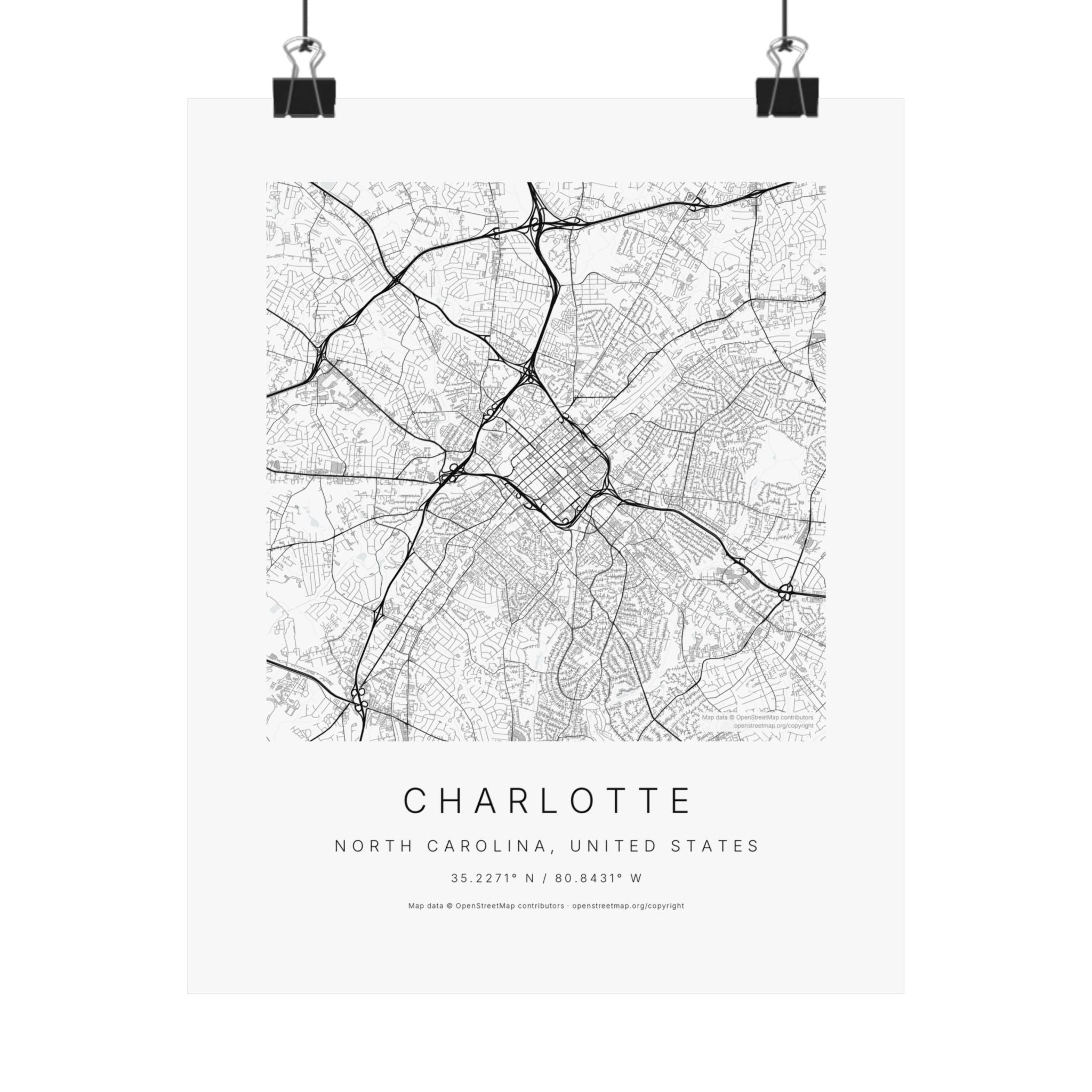 Charlotte, North Carolina City Map Print — Minimalist Street Map Wall Art