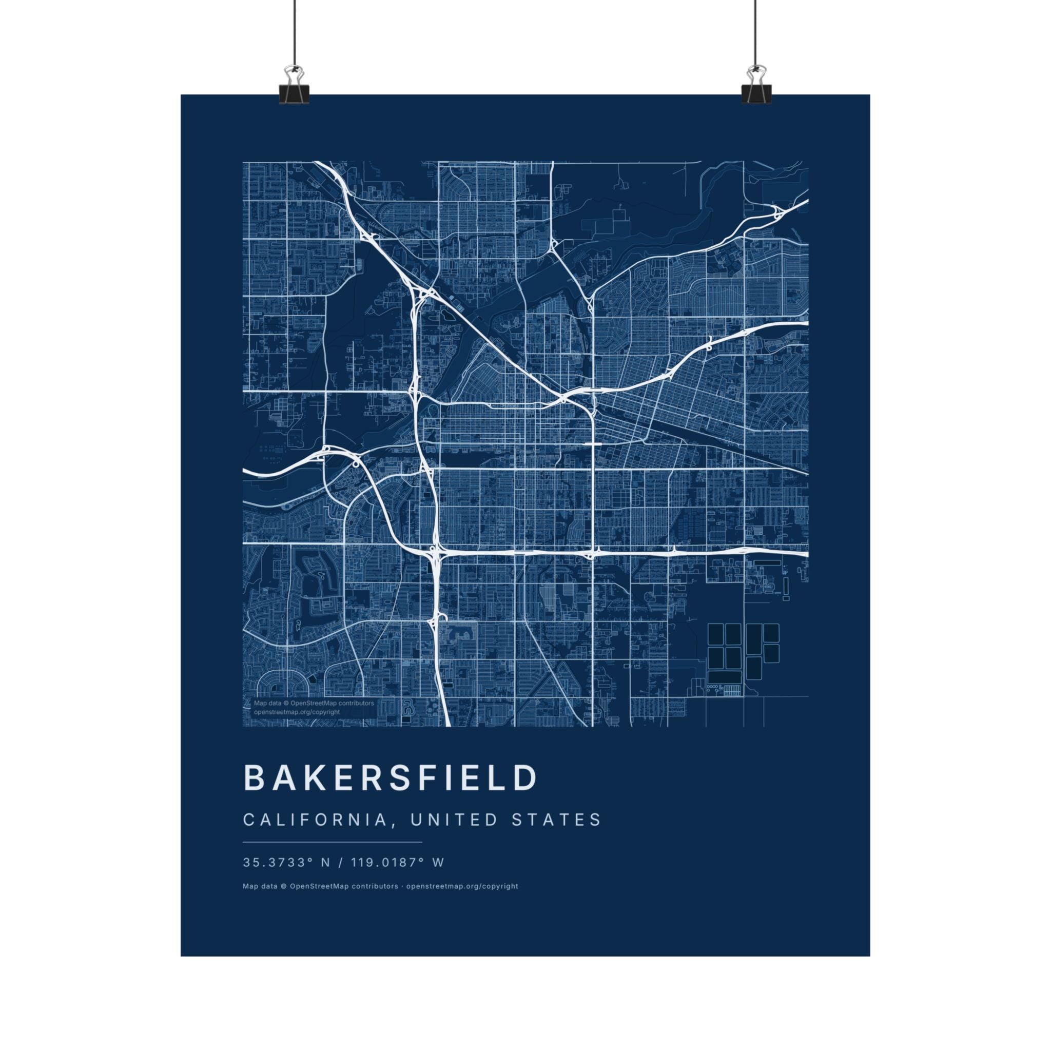 Bakersfield, California City Map Print — Blueprint Navy Street Map Wall Art