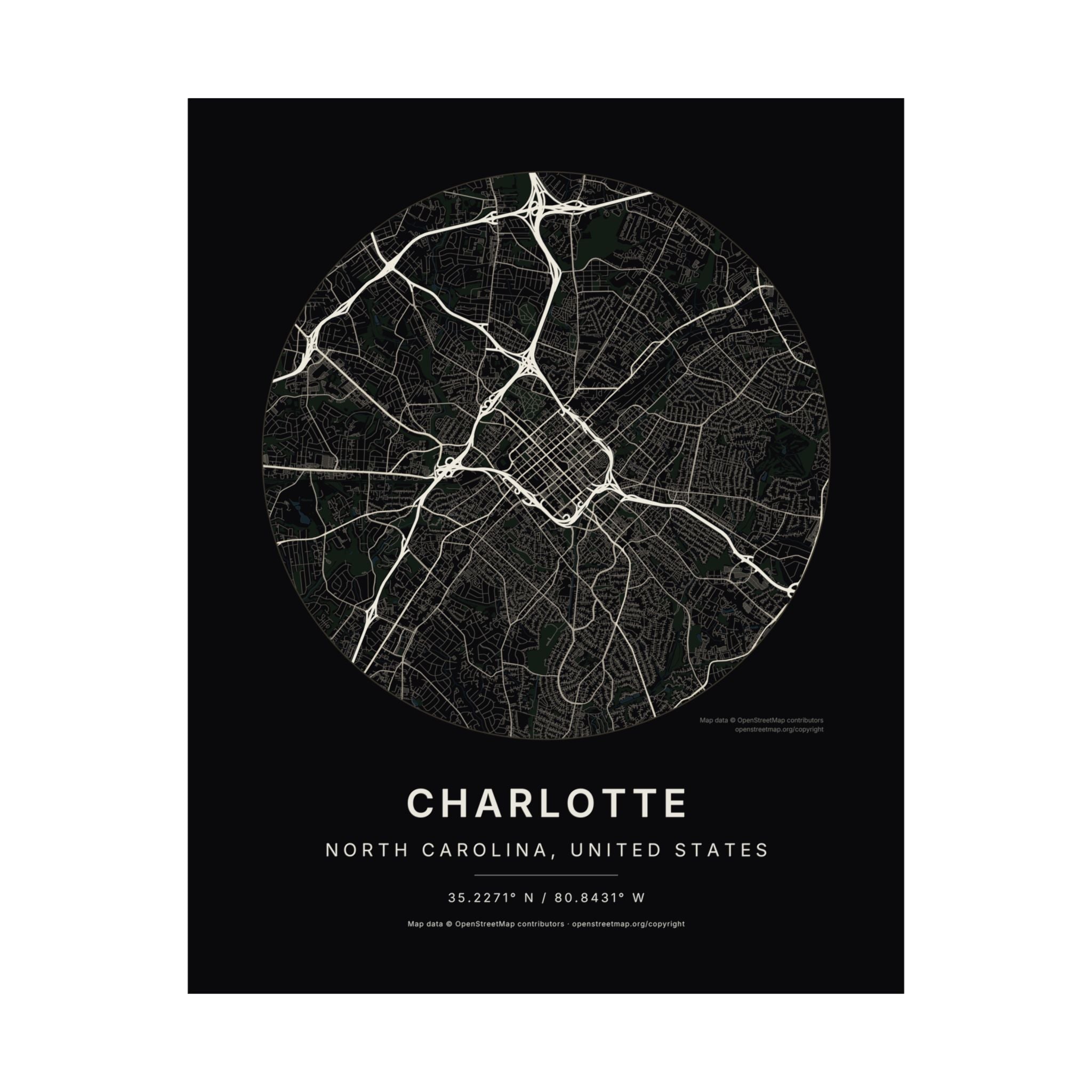 Charlotte, North Carolina City Map Print — Noir Black Street Map Wall Art