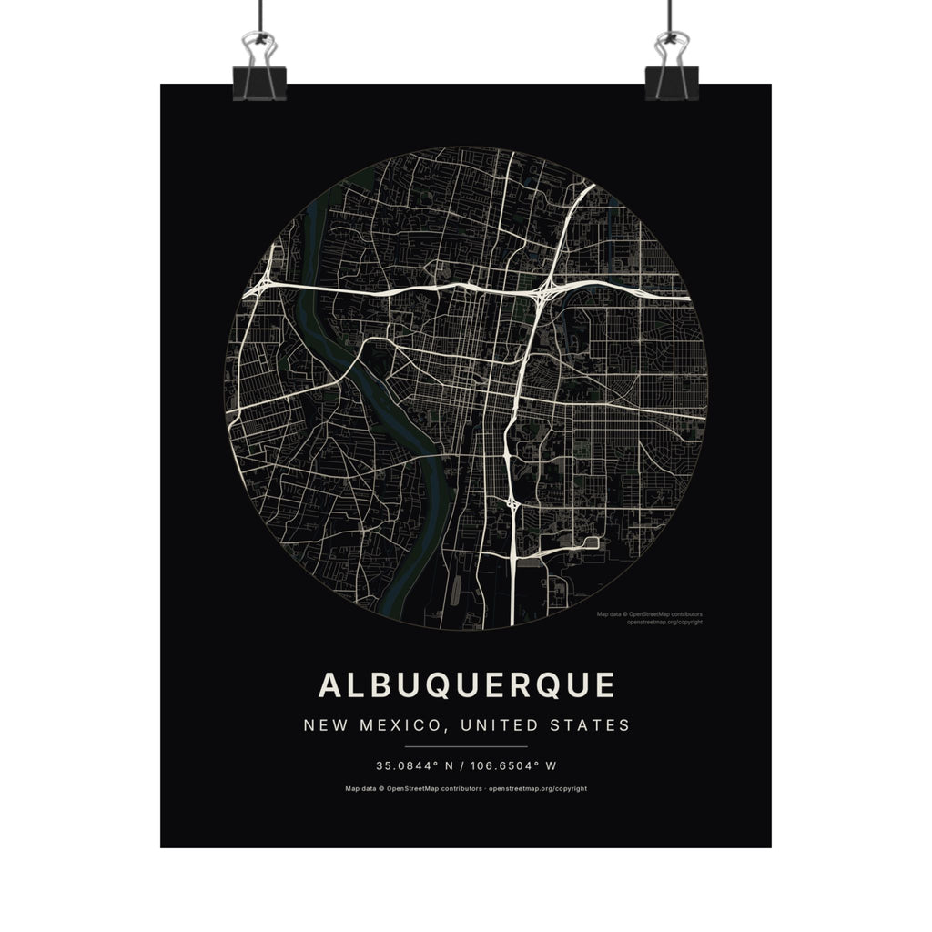 Albuquerque, New Mexico City Map Print — Noir Black Street Map Wall Art