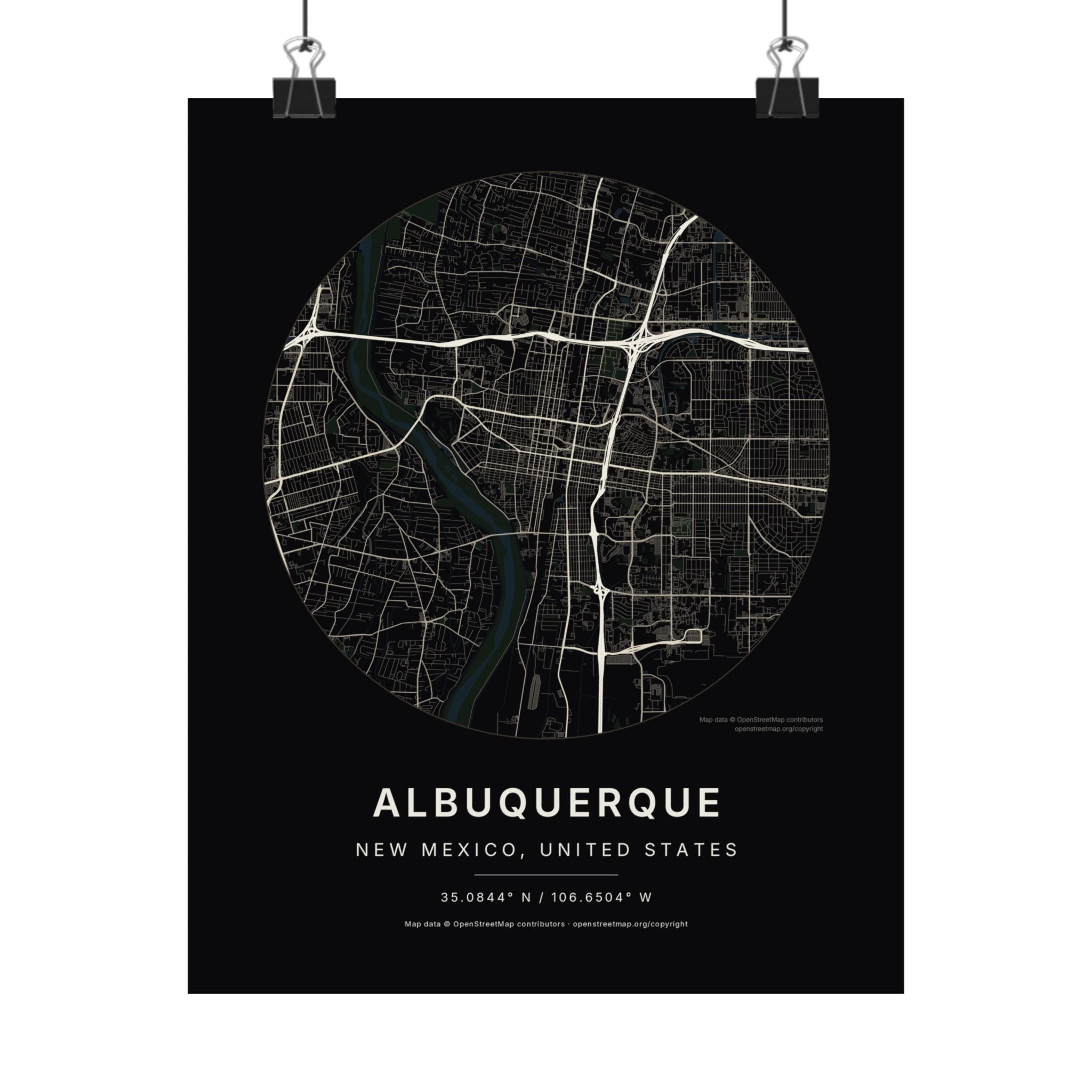 Albuquerque, New Mexico City Map Print — Noir Black Street Map Wall Art