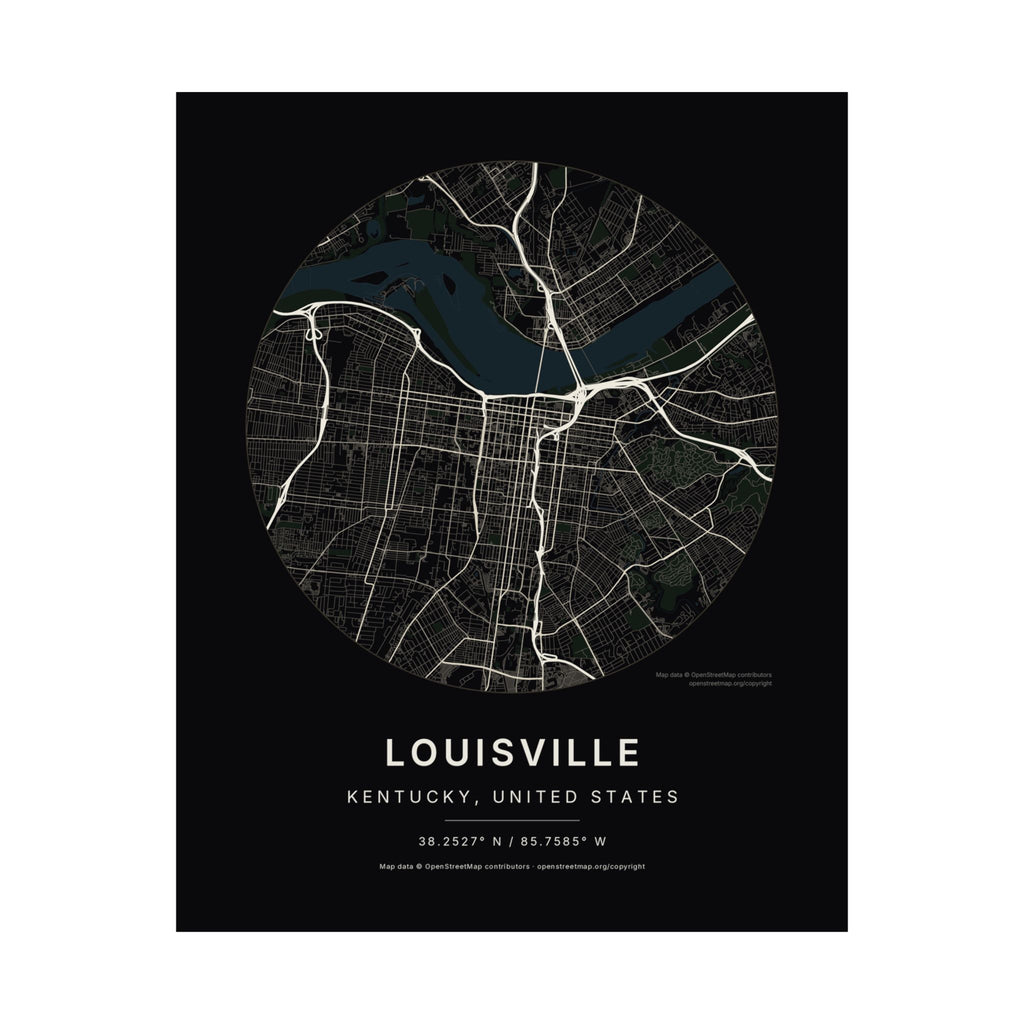 Louisville, Kentucky City Map Print — Noir Black Street Map Wall Art