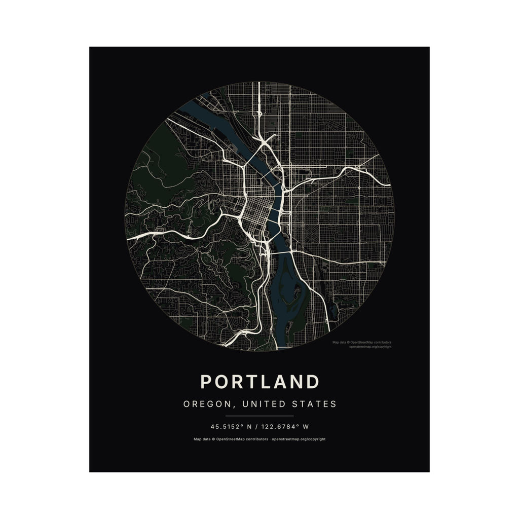 Portland, Oregon City Map Print — Noir Black Street Map Wall Art