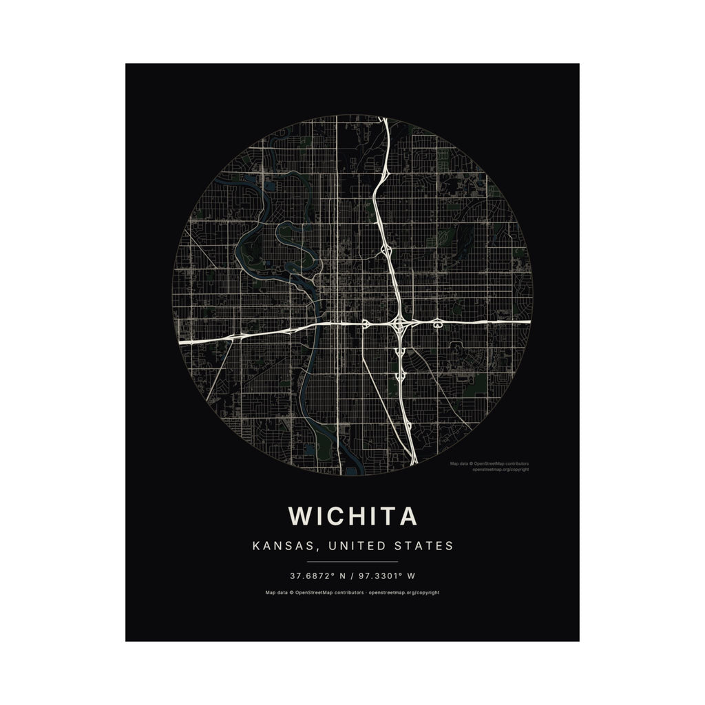 Wichita, Kansas City Map Print — Noir Black Street Map Wall Art
