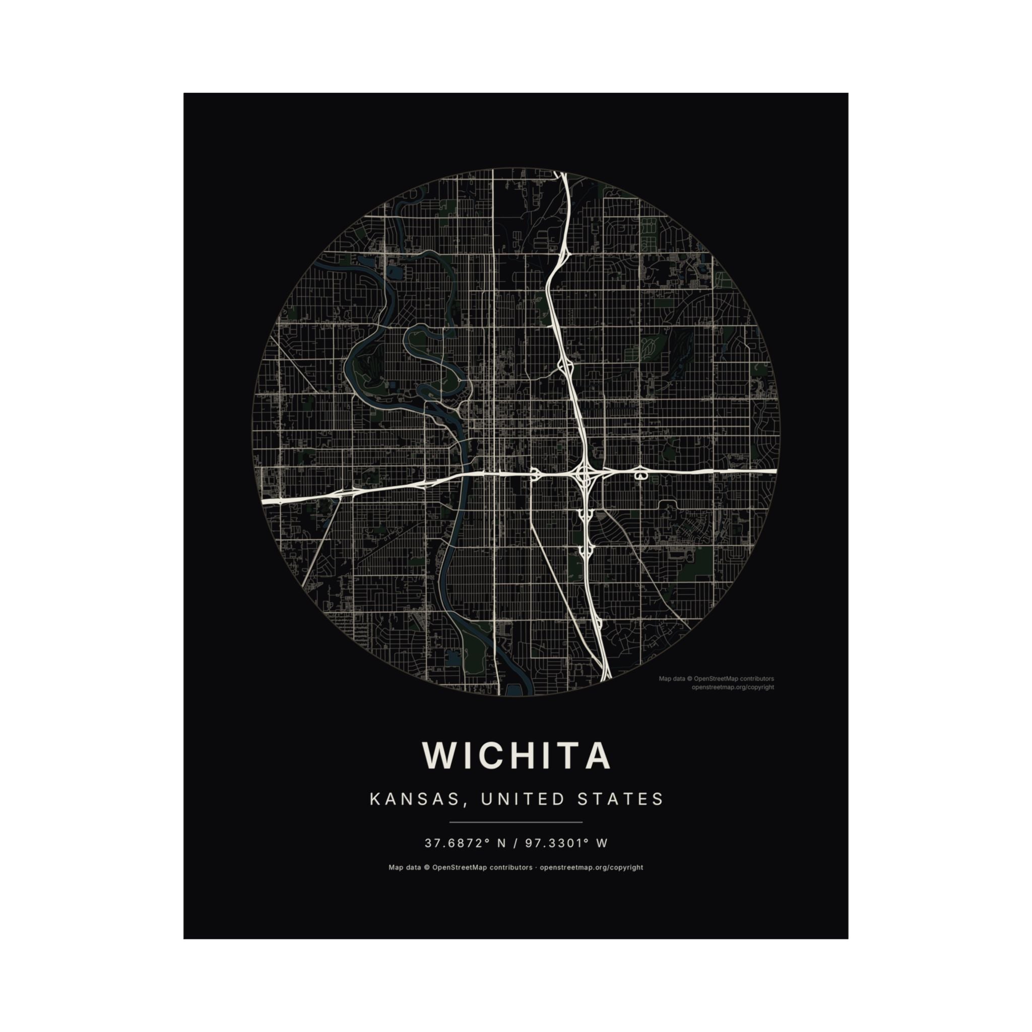 Wichita, Kansas City Map Print — Noir Black Street Map Wall Art