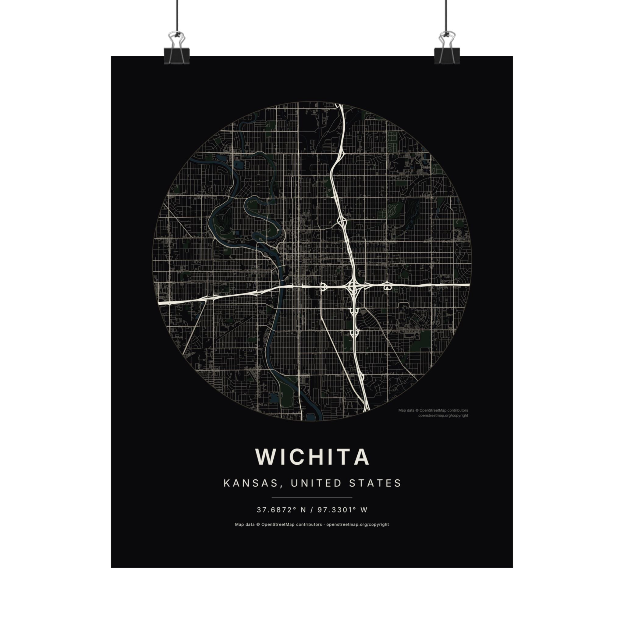 Wichita, Kansas City Map Print — Noir Black Street Map Wall Art