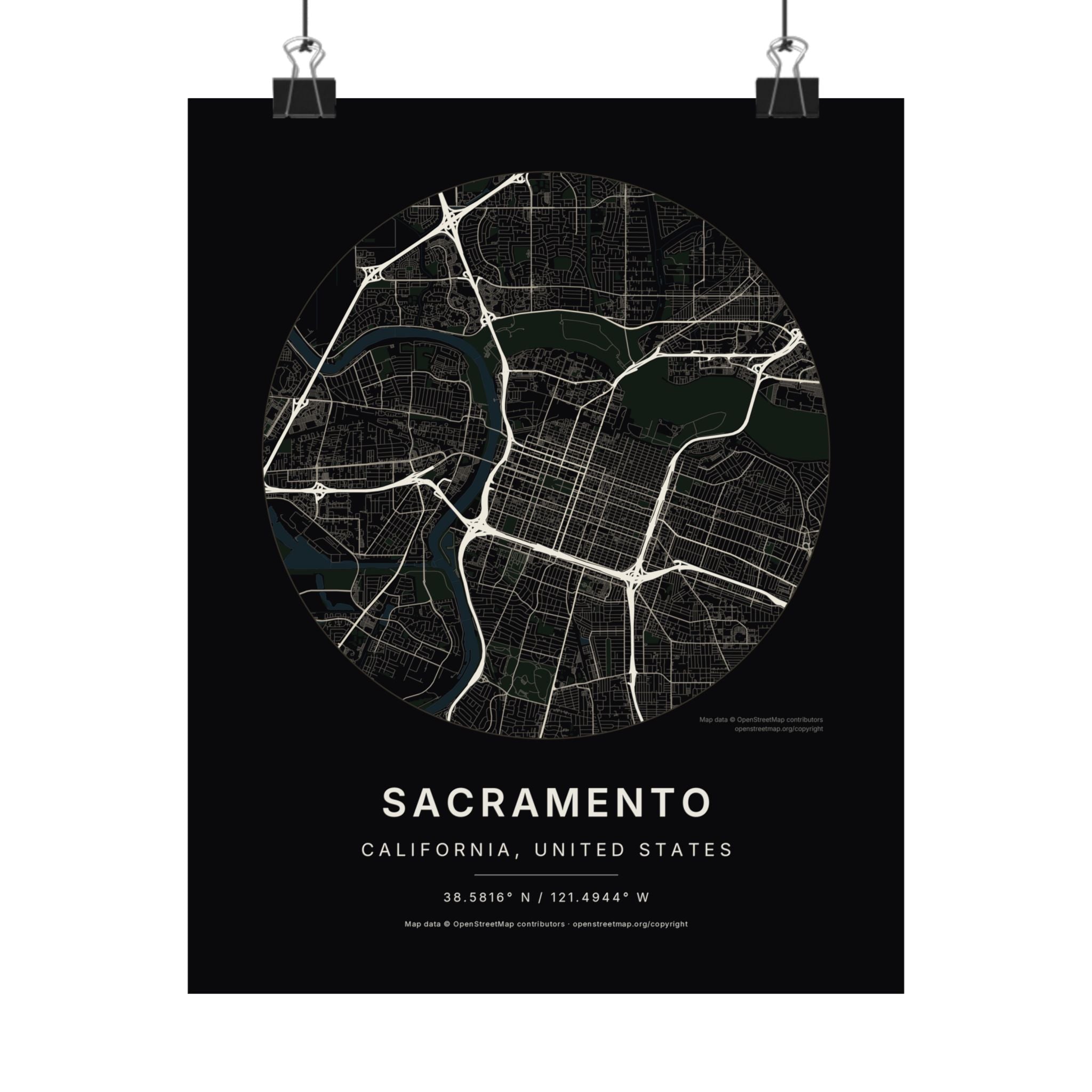 Sacramento, California City Map Print — Noir Black Street Map Wall Art