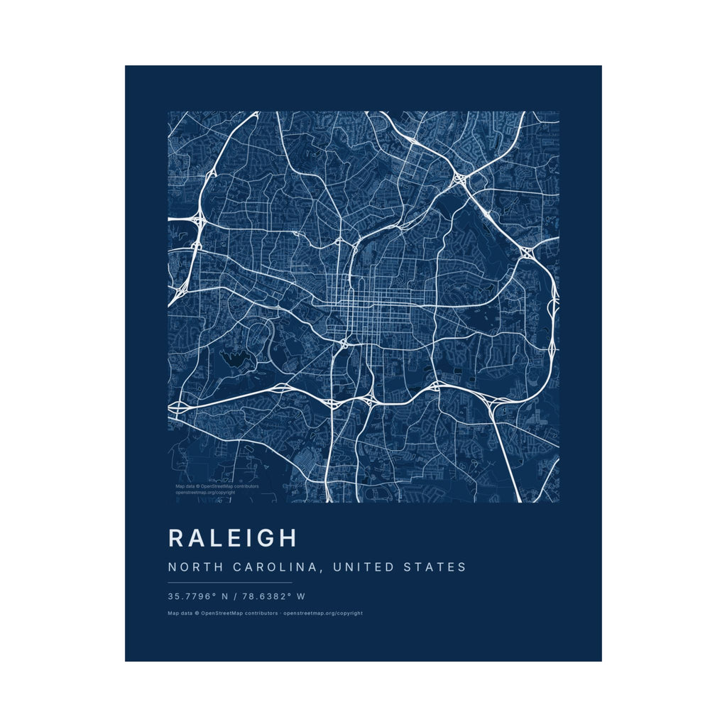 Raleigh, North Carolina City Map Print — Blueprint Navy Street Map Wall Art