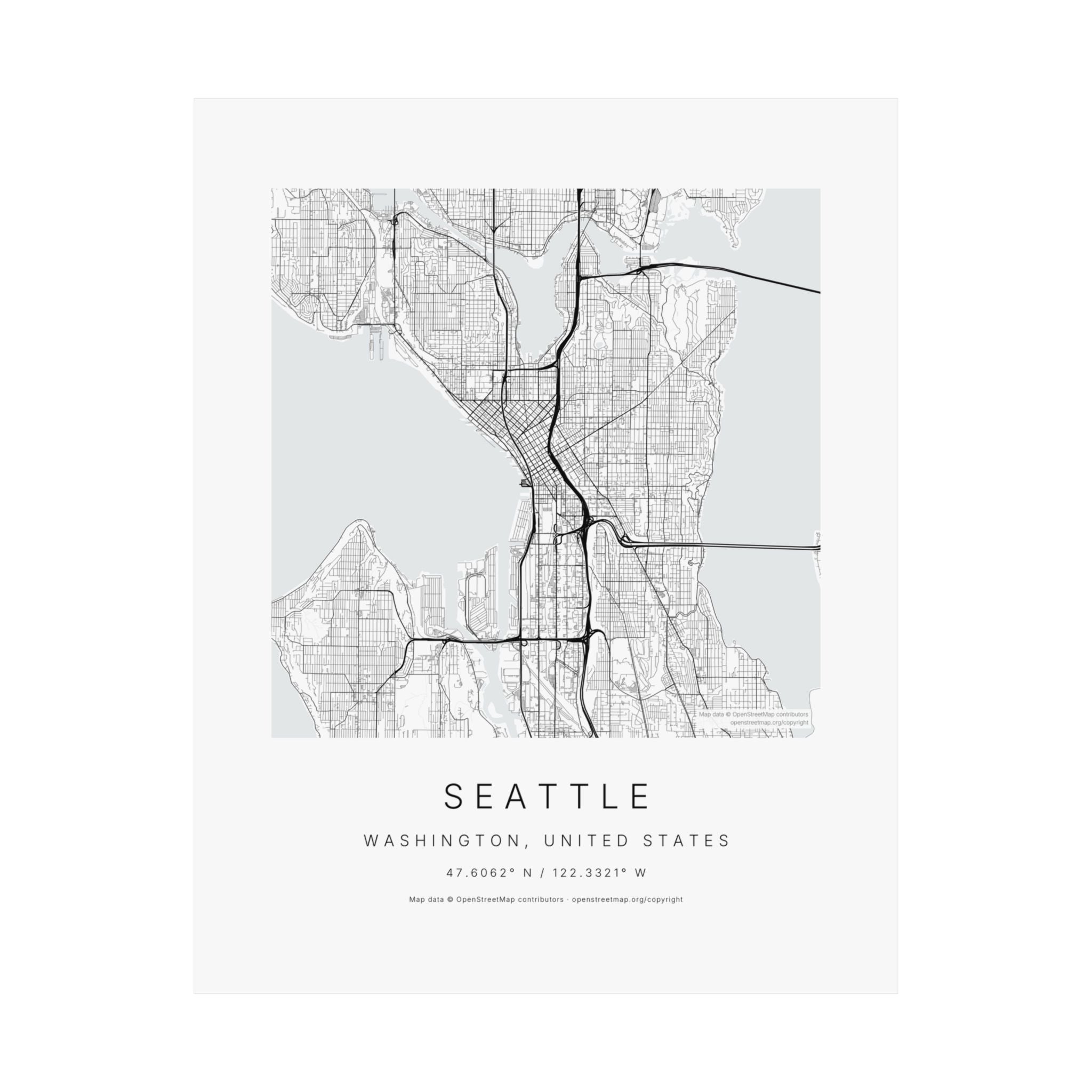Seattle, Washington City Map Print — Minimalist Street Map Wall Art