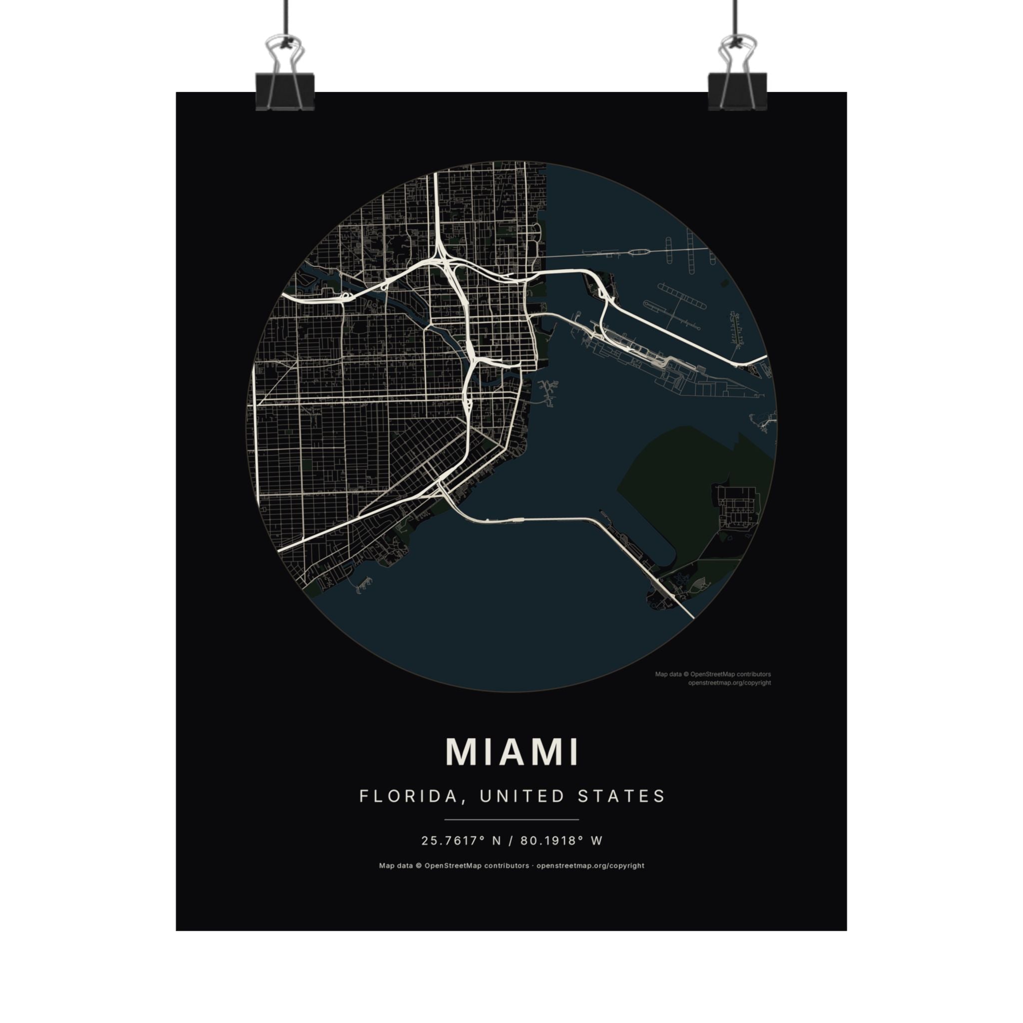 Miami, Florida City Map Print — Noir Black Street Map Wall Art