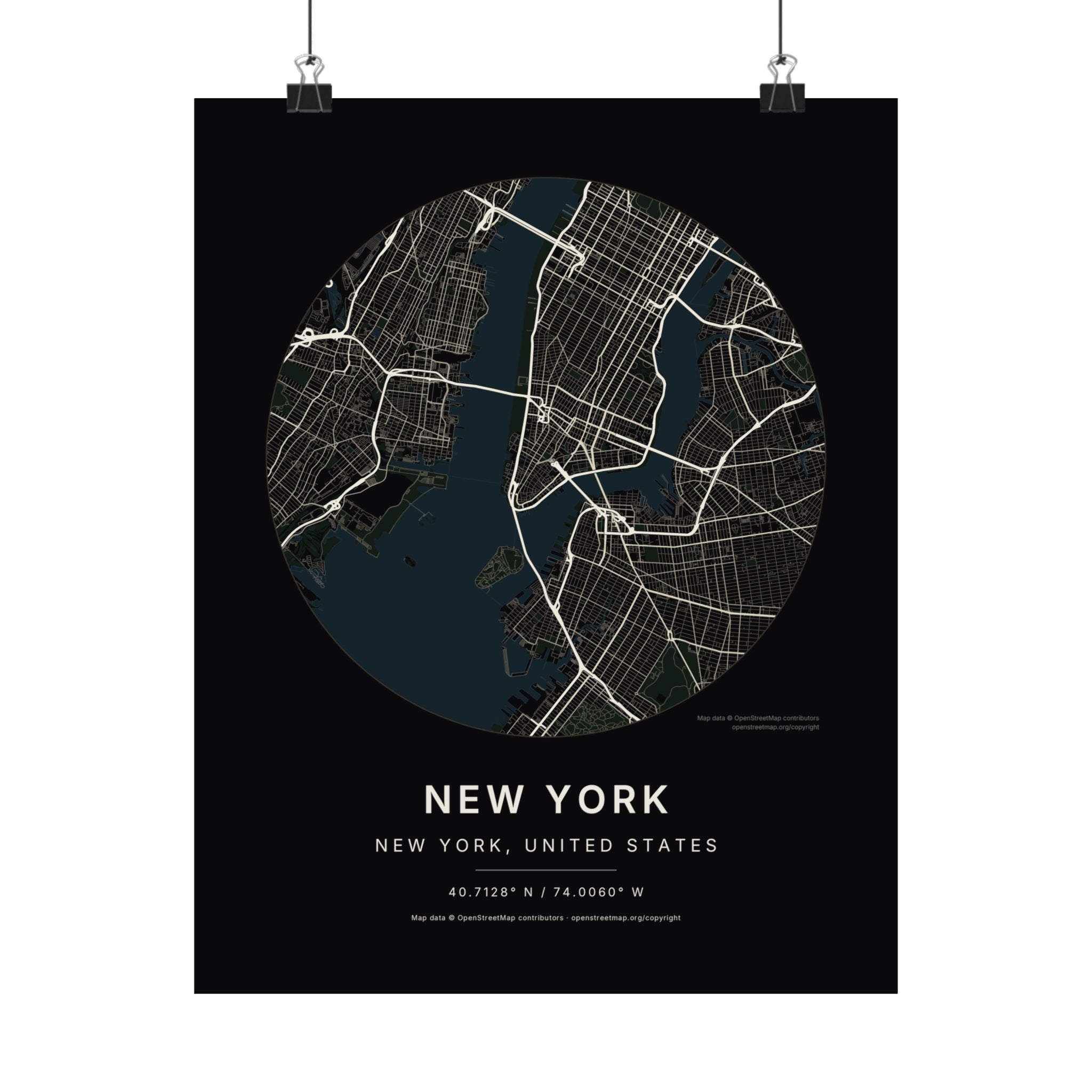 New York, New York City Map Print — Noir Black Street Map Wall Art