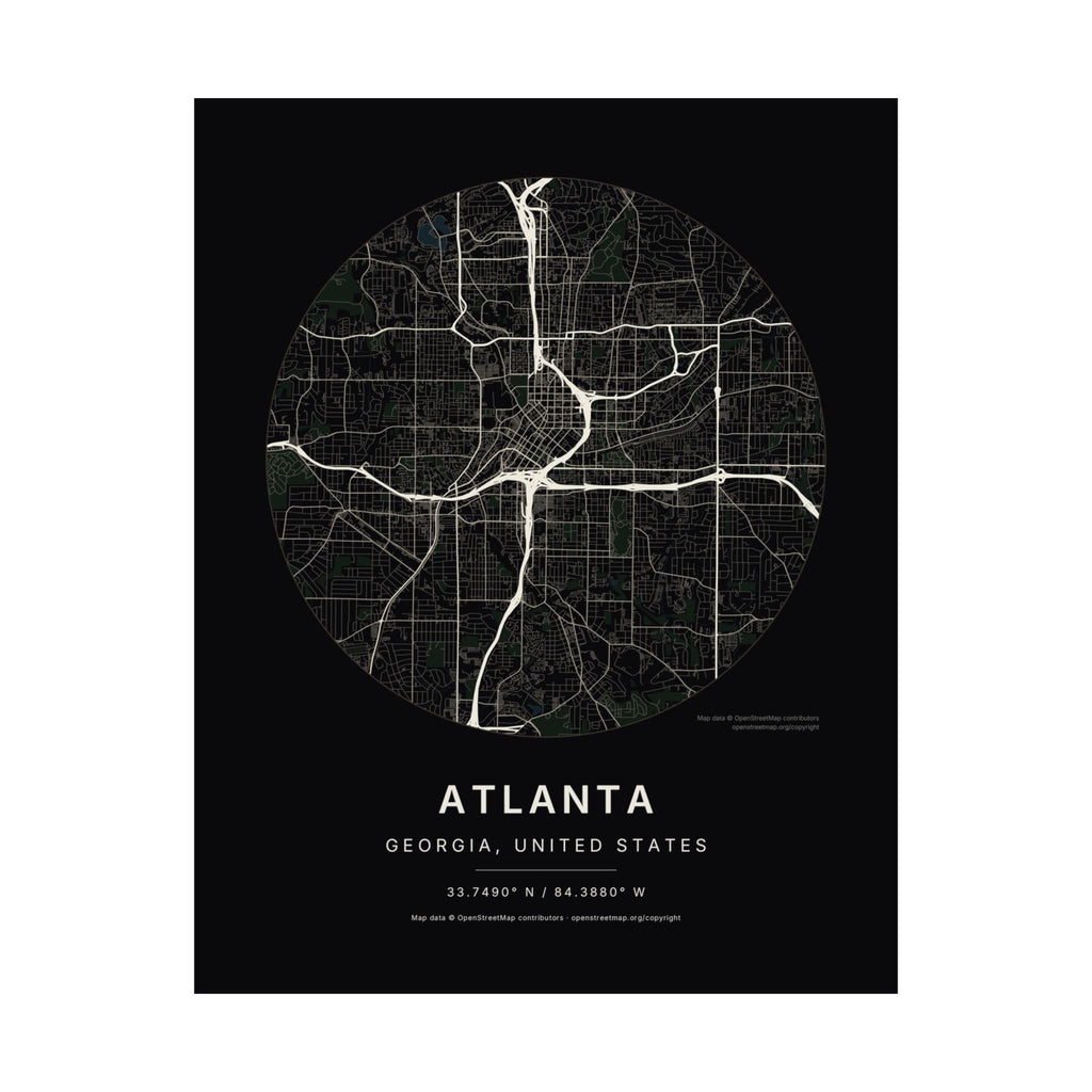 Atlanta, Georgia City Map Print — Noir Black Street Map Wall Art