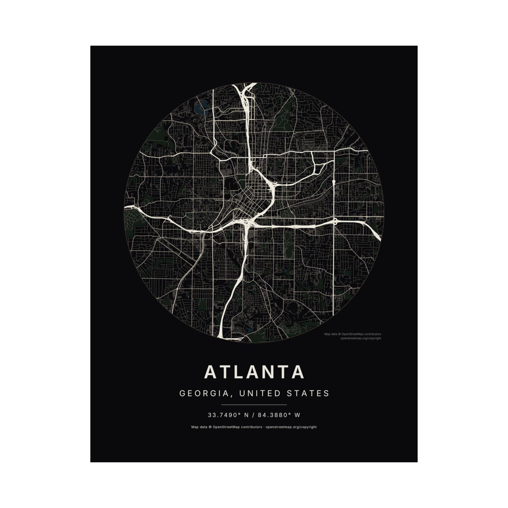 Atlanta, Georgia City Map Print — Noir Black Street Map Wall Art