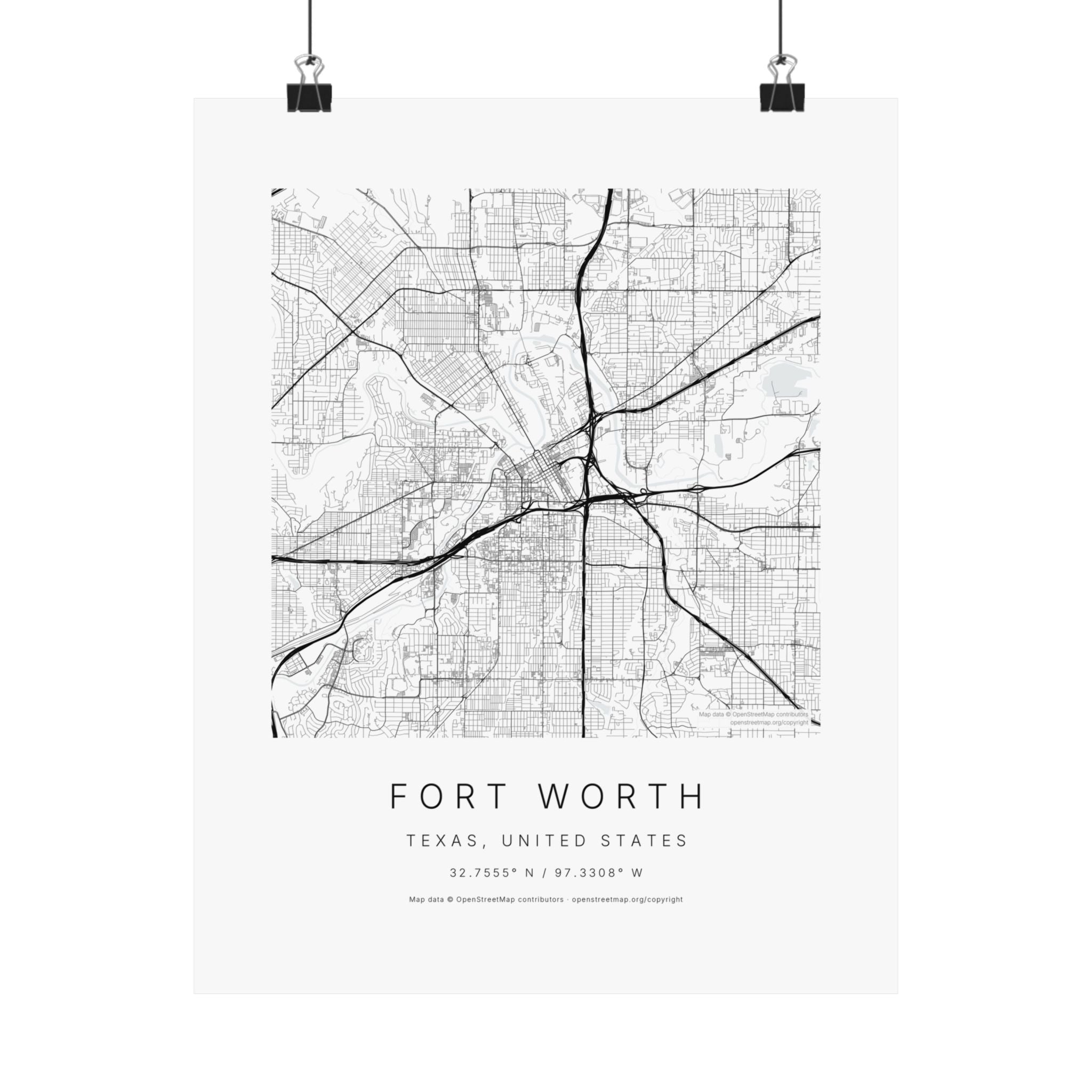 Fort Worth, Texas City Map Print — Minimalist Street Map Wall Art