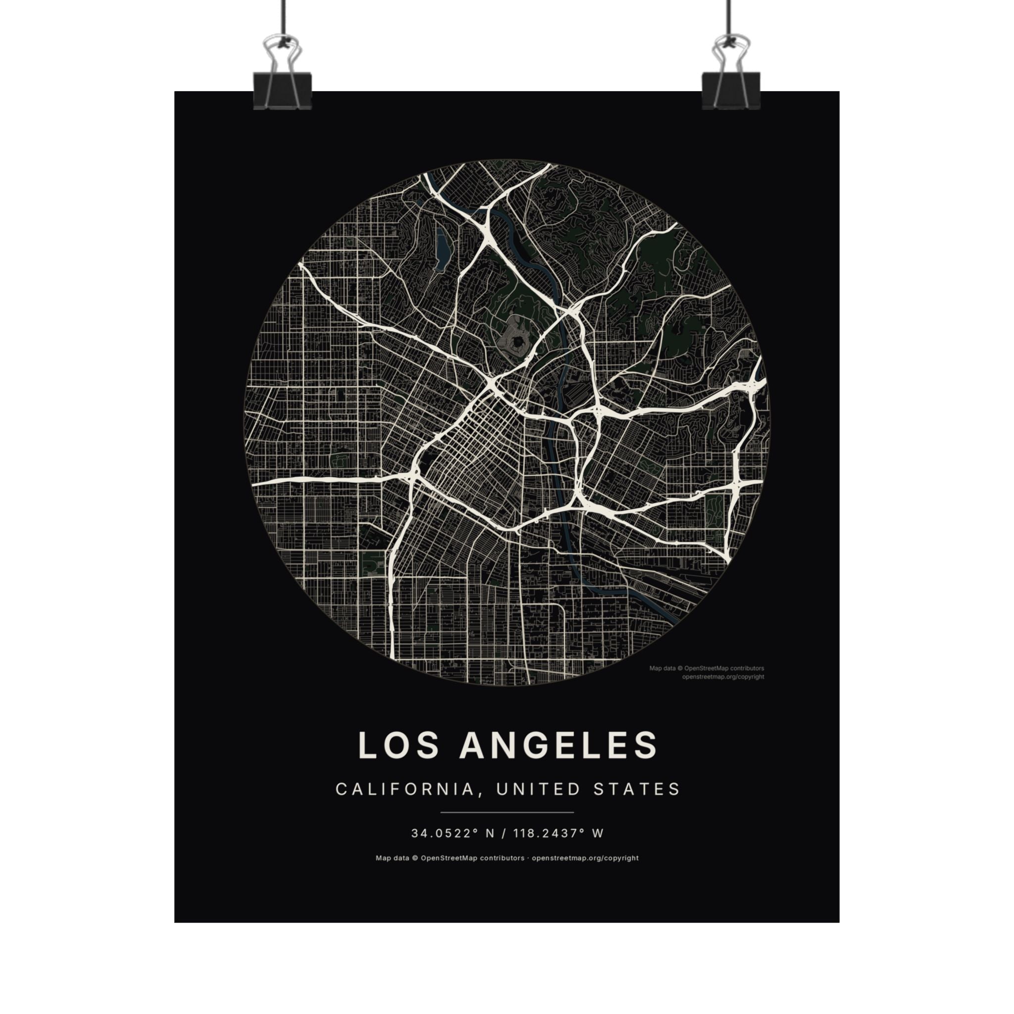 Los Angeles, California City Map Print — Noir Black Street Map Wall Art