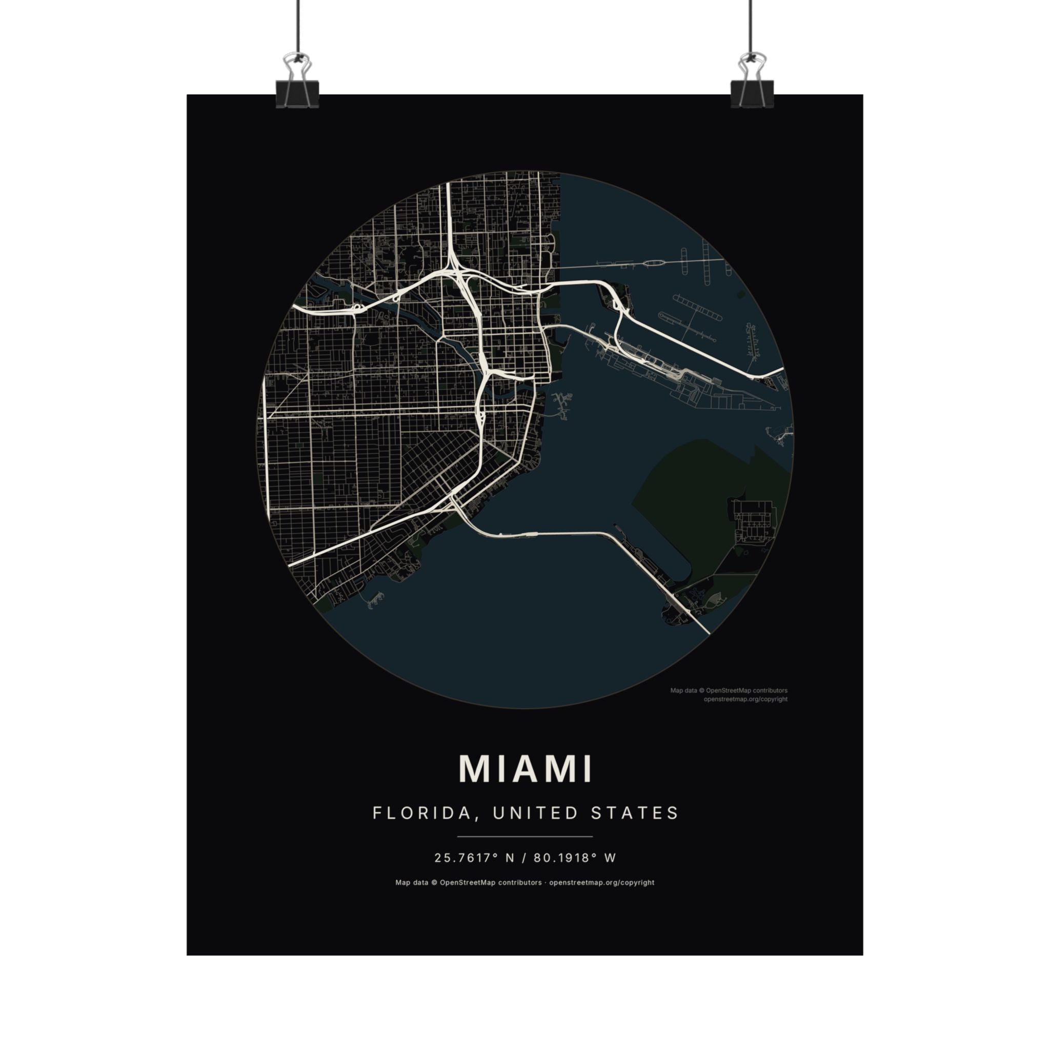 Miami, Florida City Map Print — Noir Black Street Map Wall Art