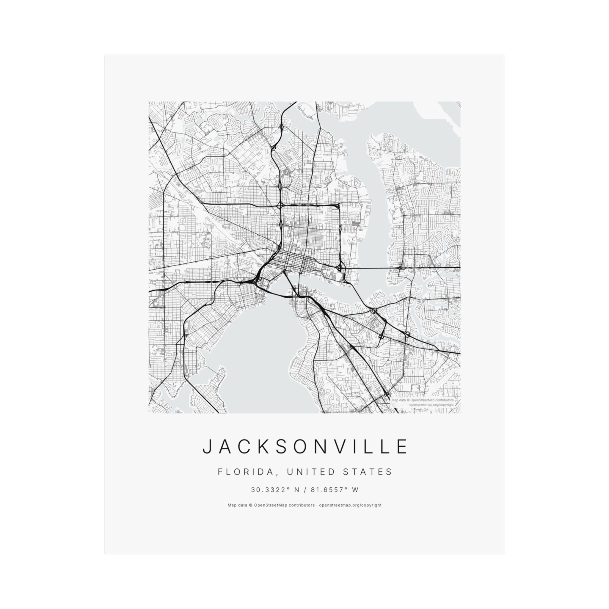 Jacksonville, Florida City Map Print — Minimalist Street Map Wall Art