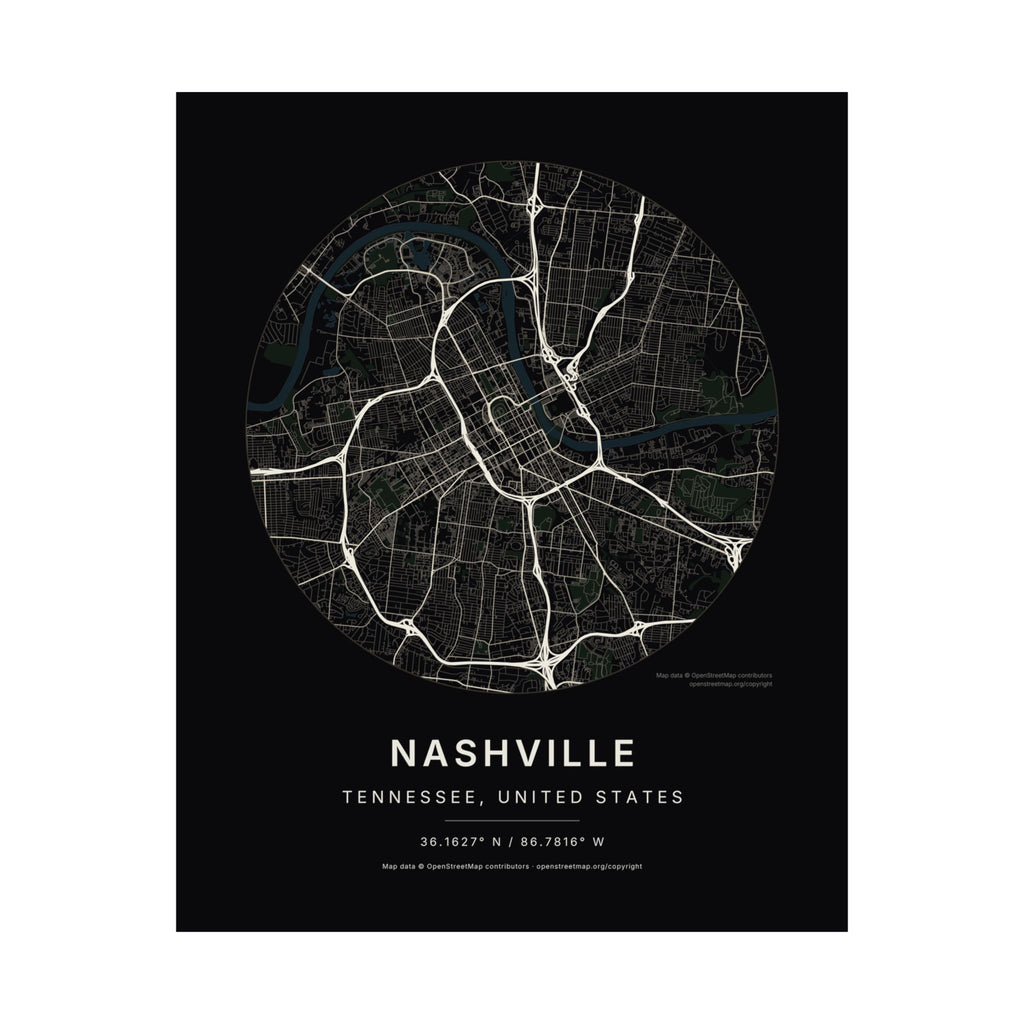 Nashville, Tennessee City Map Print — Noir Black Street Map Wall Art