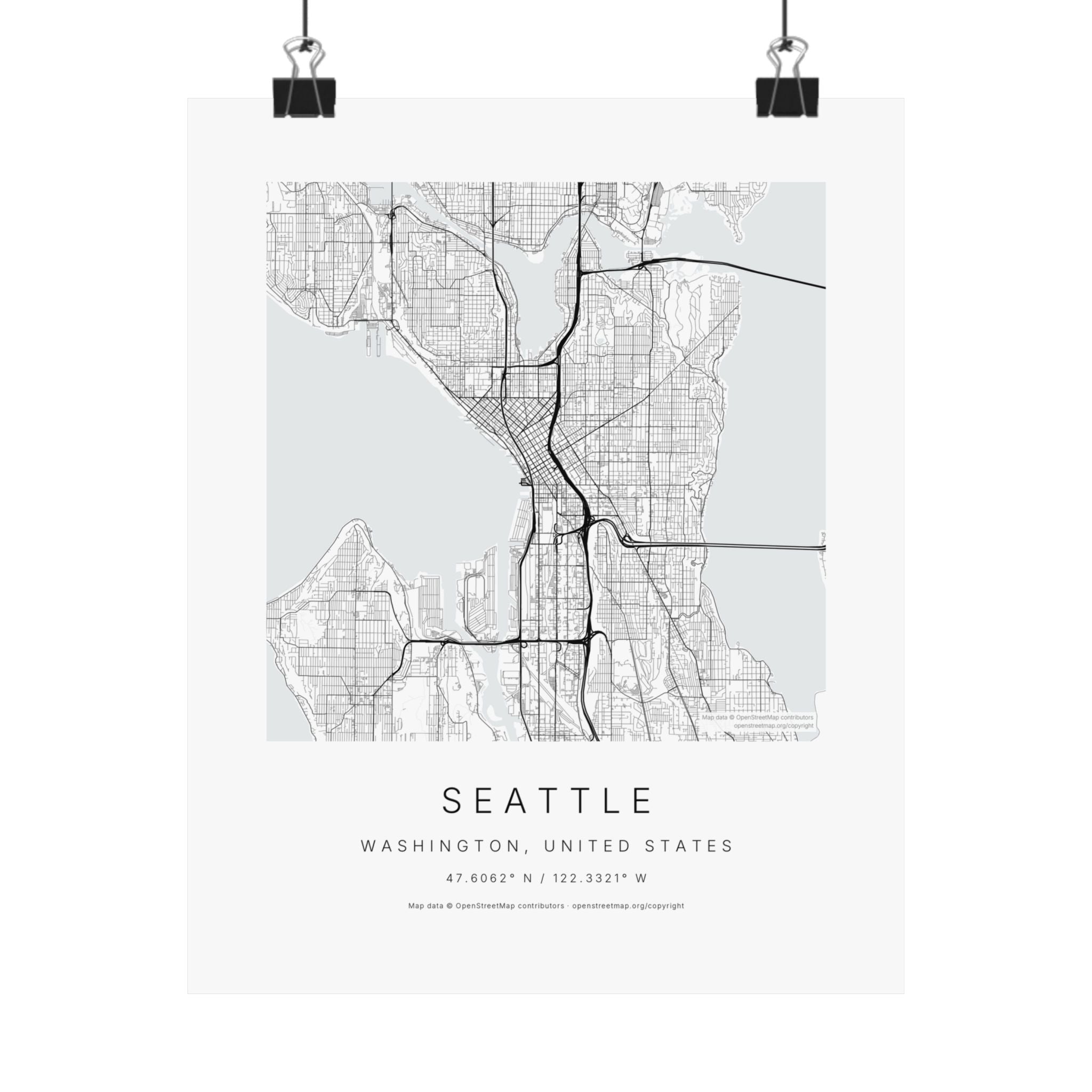 Seattle, Washington City Map Print — Minimalist Street Map Wall Art