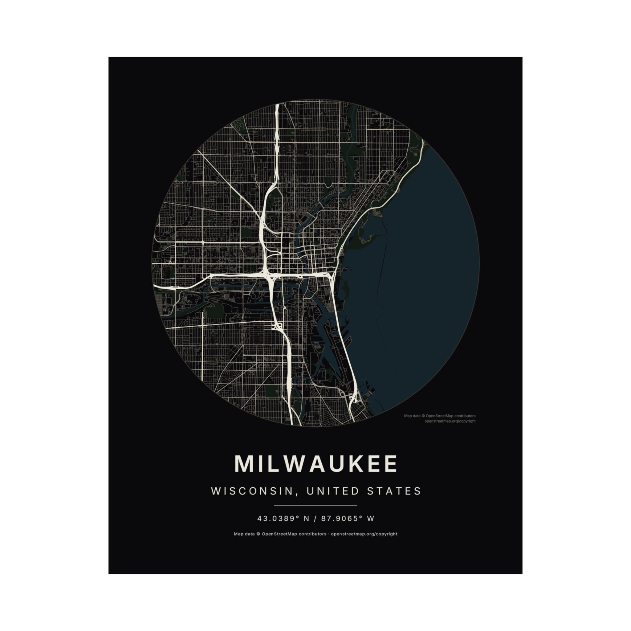 Milwaukee, Wisconsin City Map Print — Noir Black Street Map Wall Art