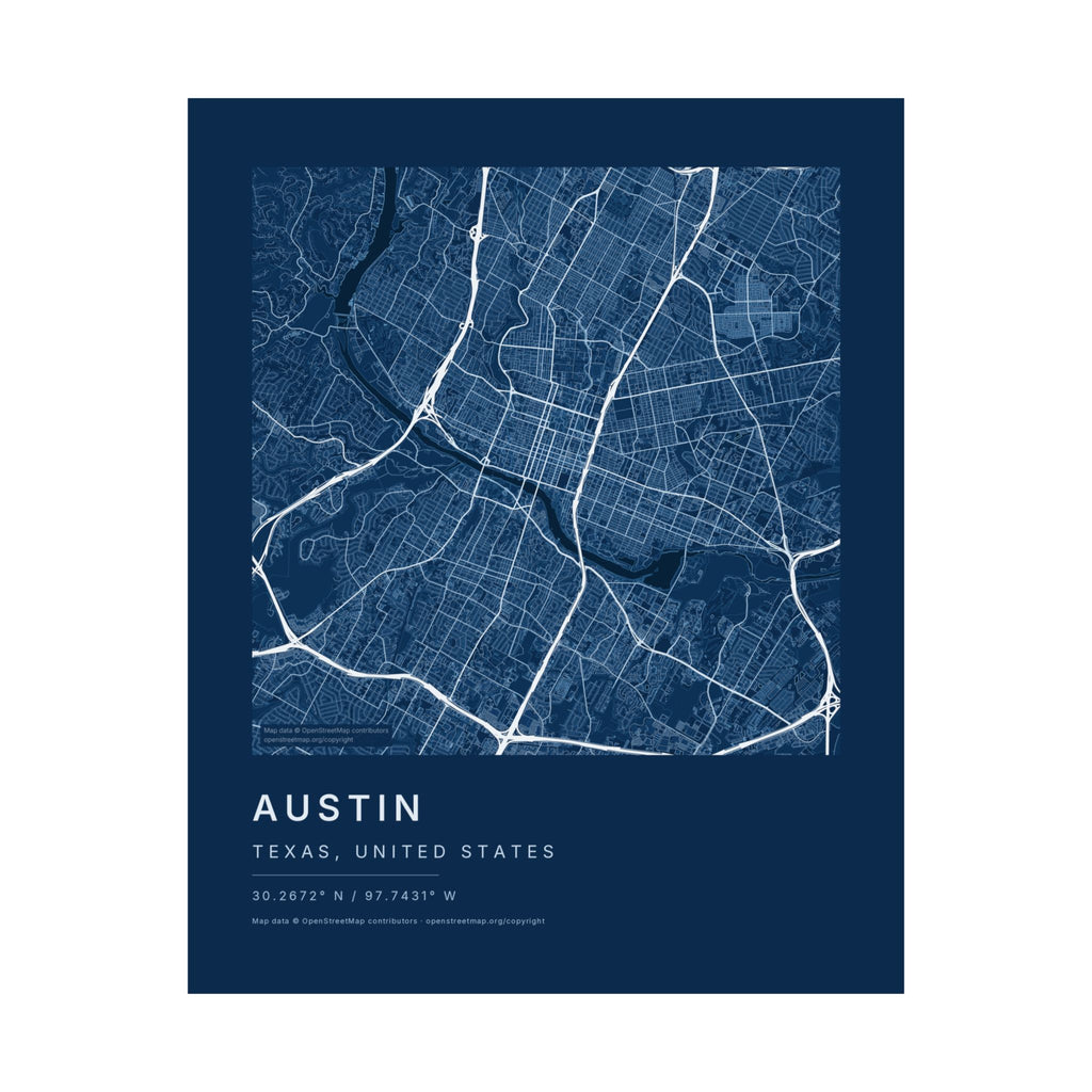 Austin, Texas City Map Print — Blueprint Navy Street Map Wall Art