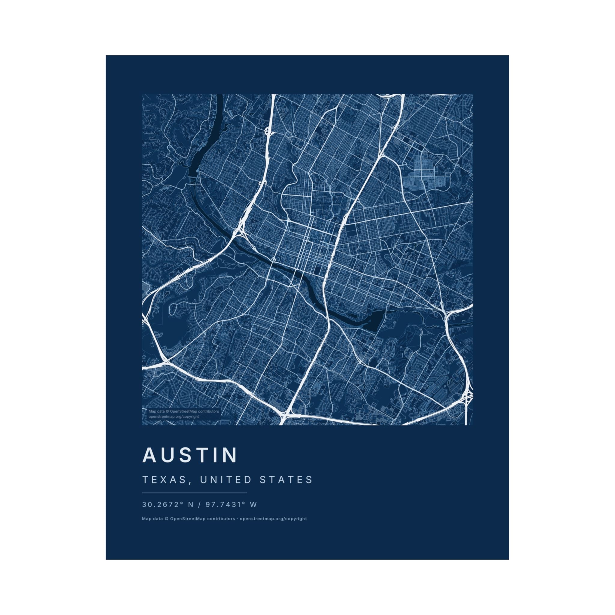 Austin, Texas City Map Print — Blueprint Navy Street Map Wall Art