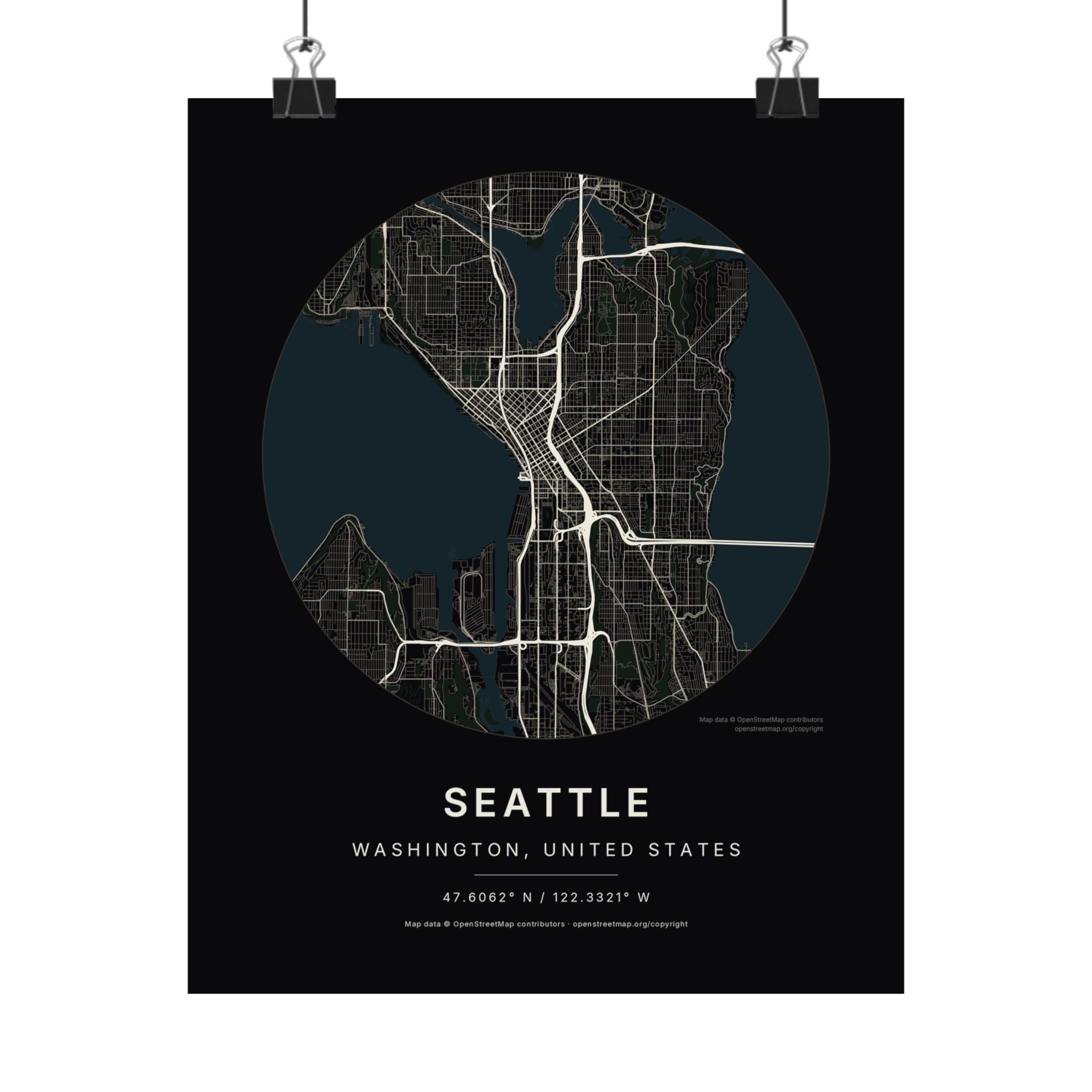 Seattle, Washington City Map Print — Noir Black Street Map Wall Art