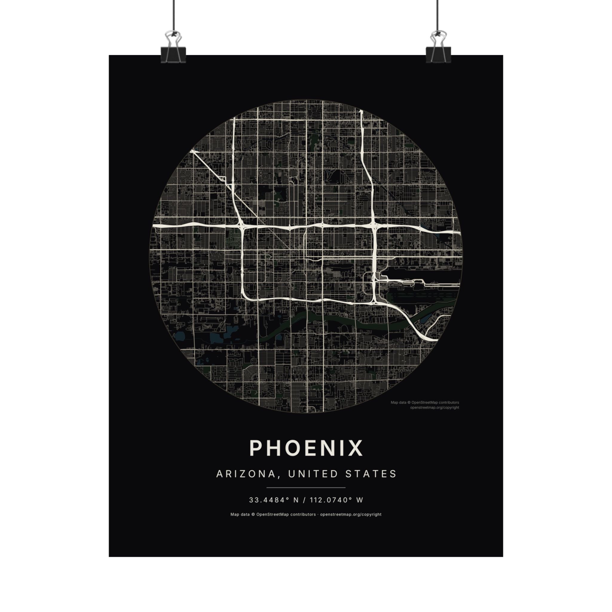 Phoenix, Arizona City Map Print — Noir Black Street Map Wall Art