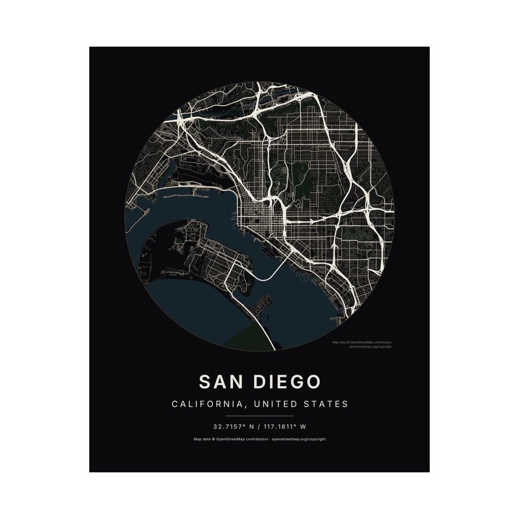 San Diego, California City Map Print — Noir Black Street Map Wall Art