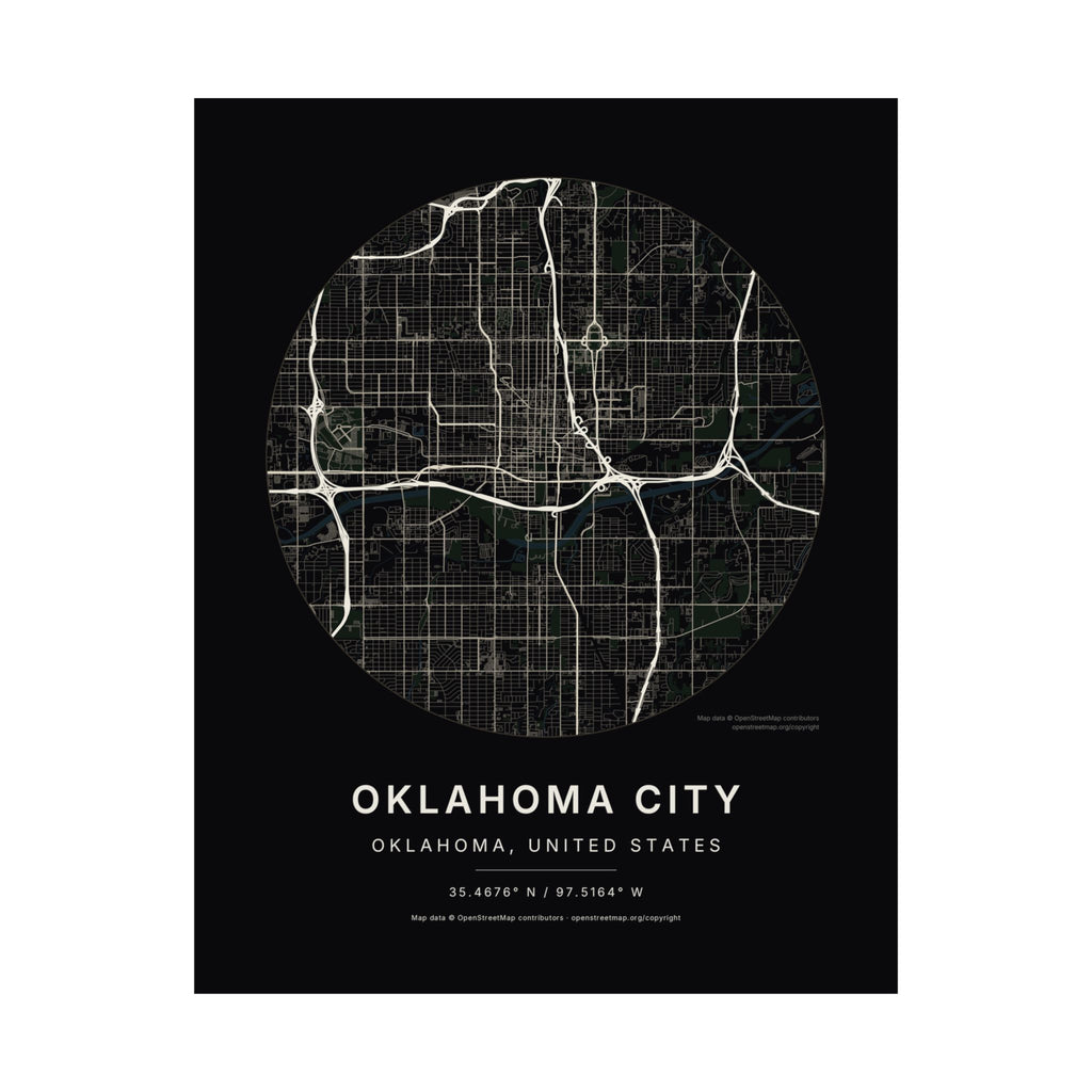 Oklahoma City, Oklahoma City Map Print — Noir Black Street Map Wall Art