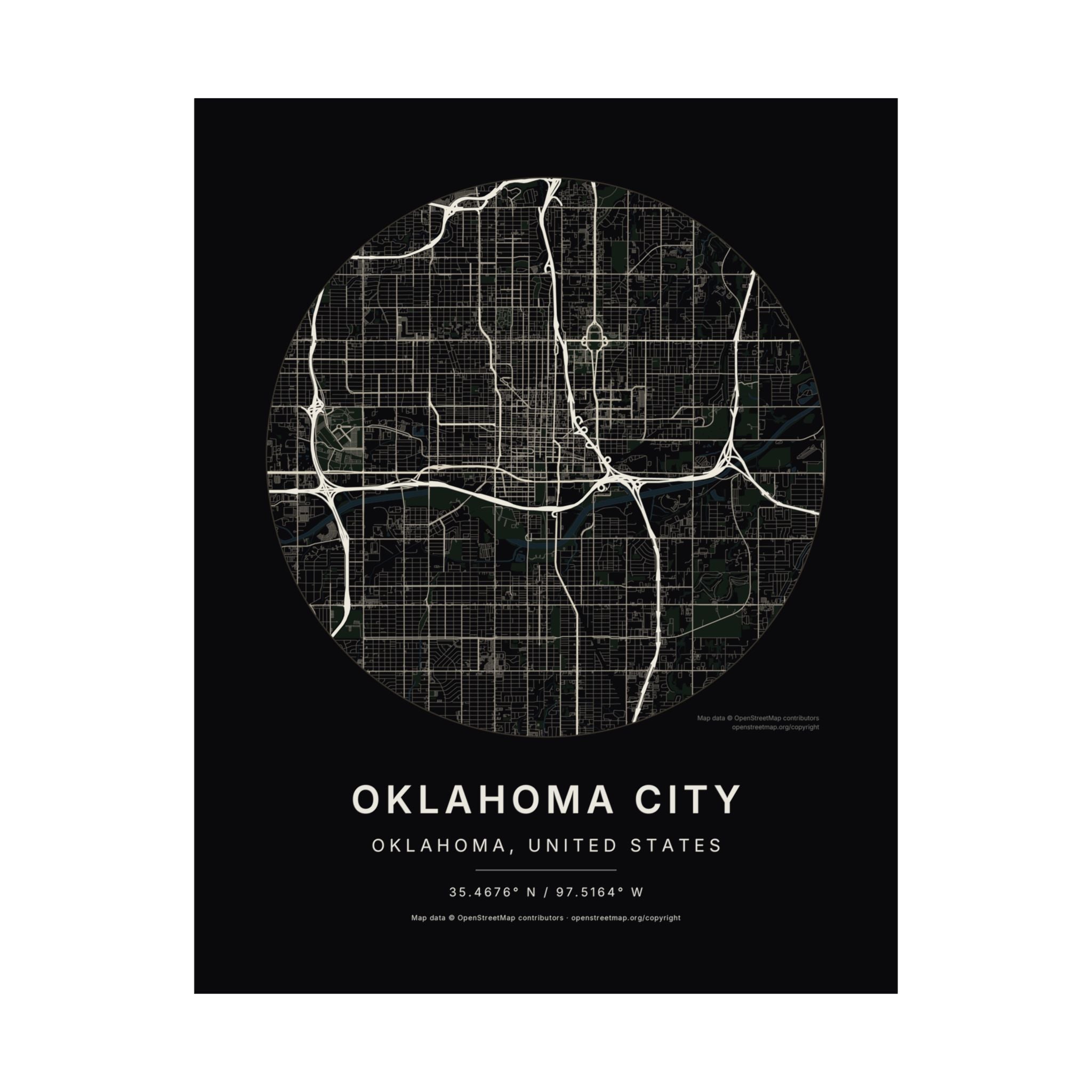 Oklahoma City, Oklahoma City Map Print — Noir Black Street Map Wall Art
