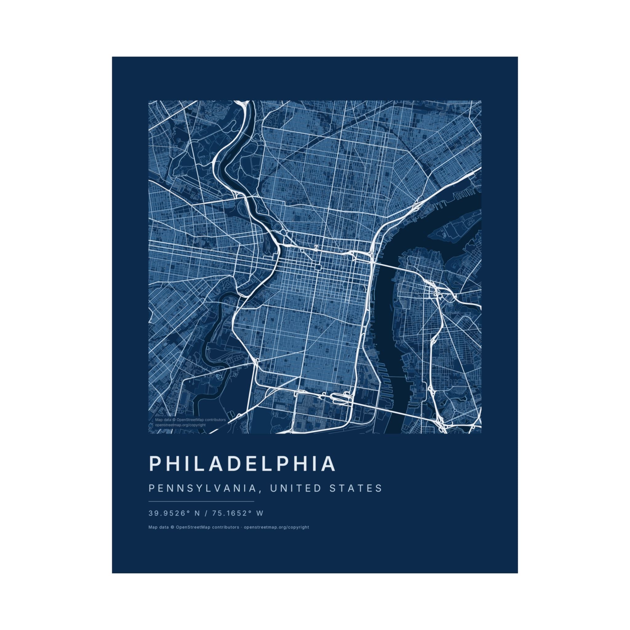 Philadelphia, Pennsylvania City Map Print — Blueprint Navy Street Map Wall Art