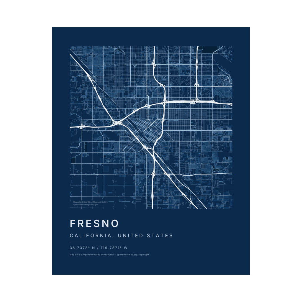 Fresno, California City Map Print — Blueprint Navy Street Map Wall Art
