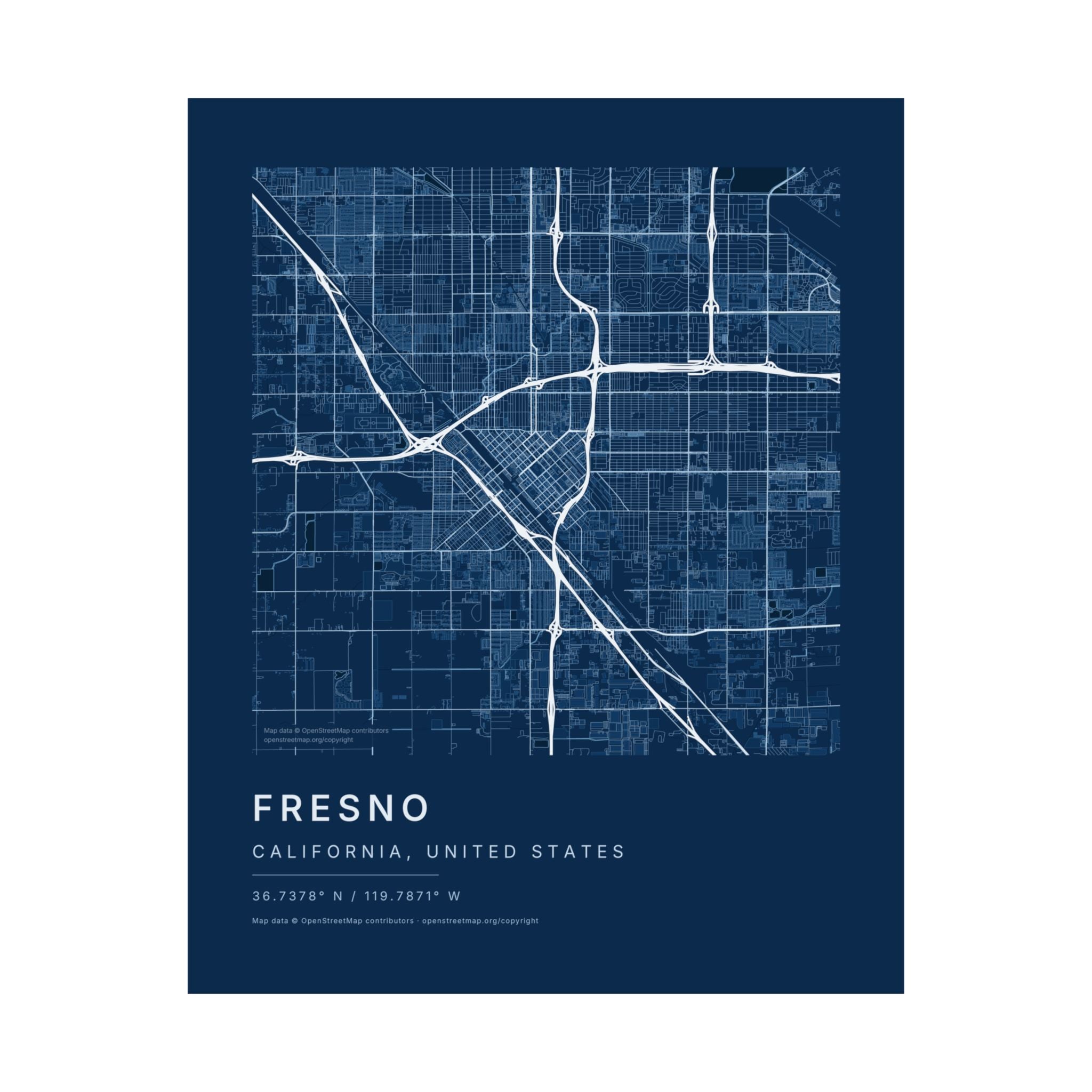 Fresno, California City Map Print — Blueprint Navy Street Map Wall Art
