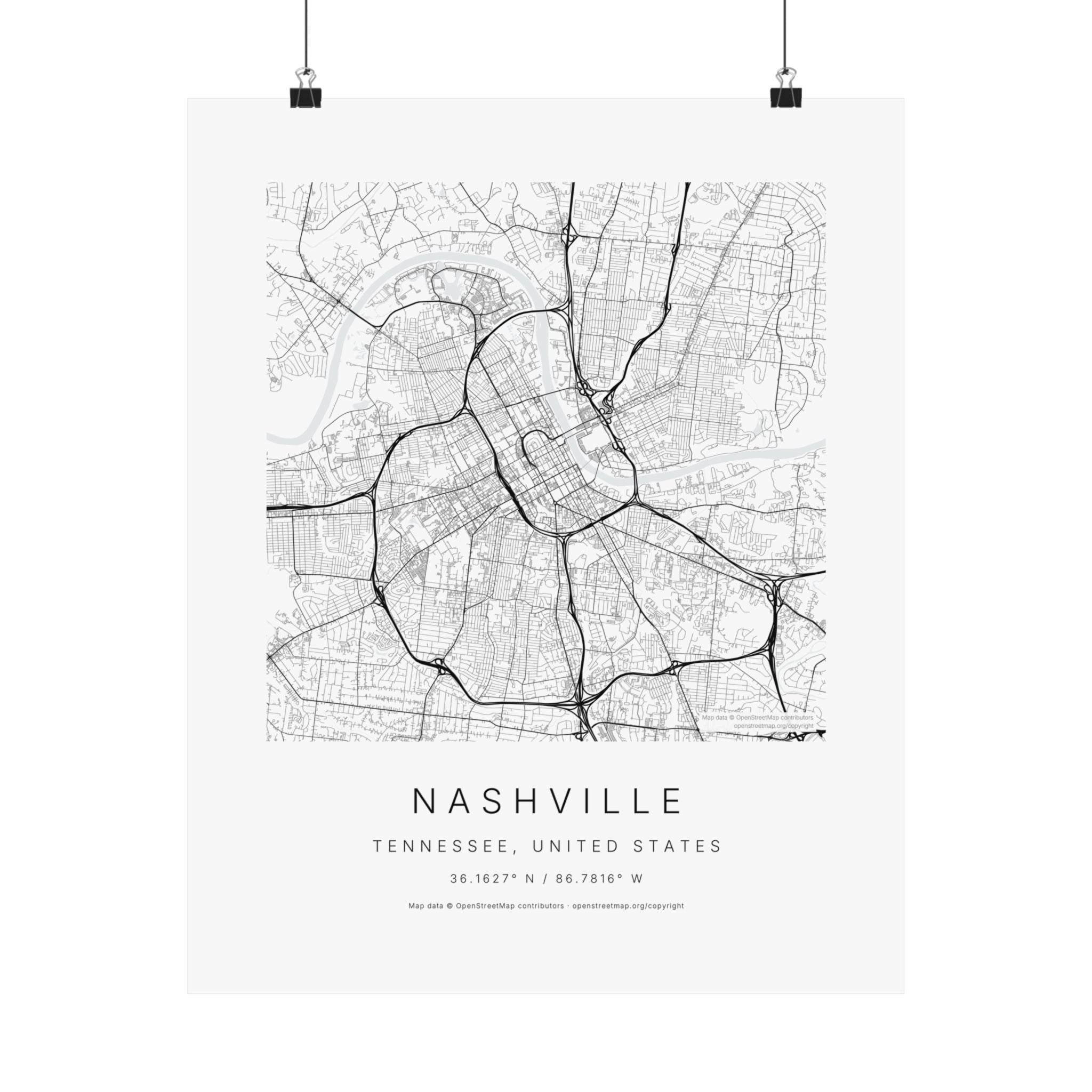 Nashville, Tennessee City Map Print — Minimalist Street Map Wall Art