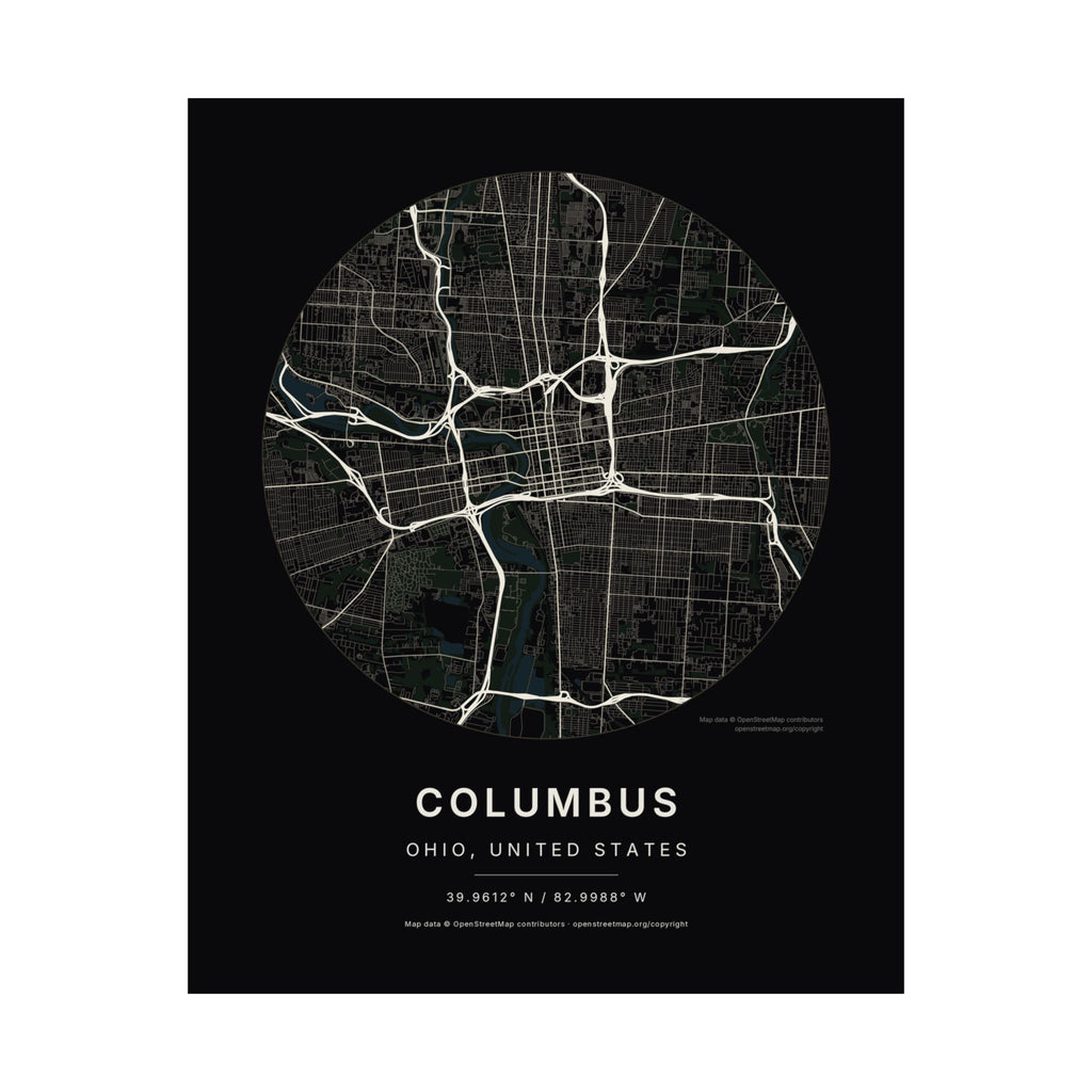 Columbus, Ohio City Map Print — Noir Black Street Map Wall Art