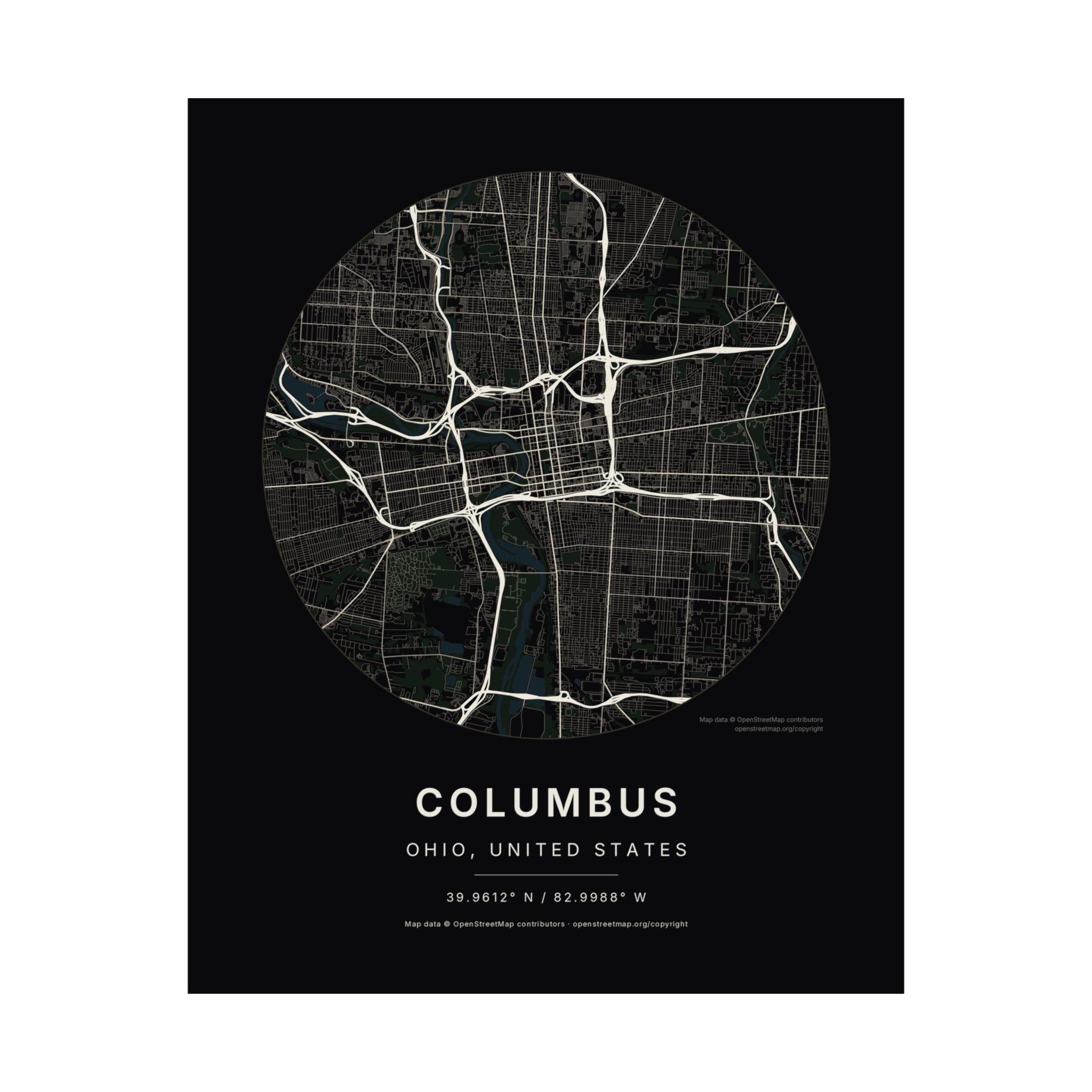Columbus, Ohio City Map Print — Noir Black Street Map Wall Art