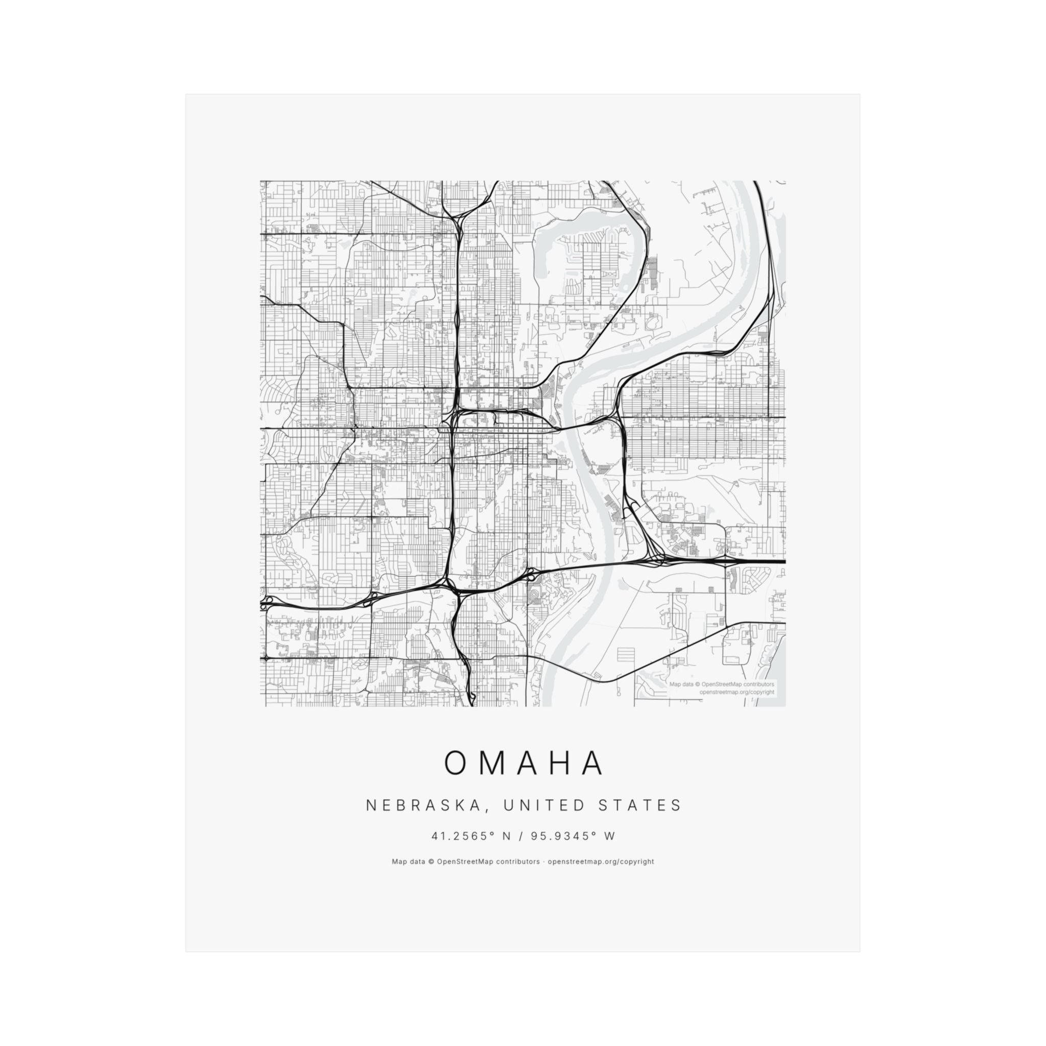 Omaha, Nebraska City Map Print — Minimalist Street Map Wall Art