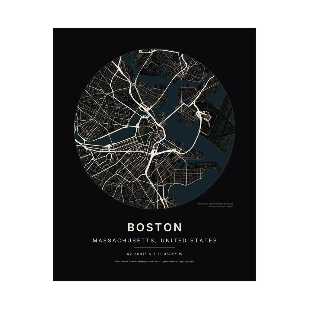 Boston, Massachusetts City Map Print — Noir Black Street Map Wall Art
