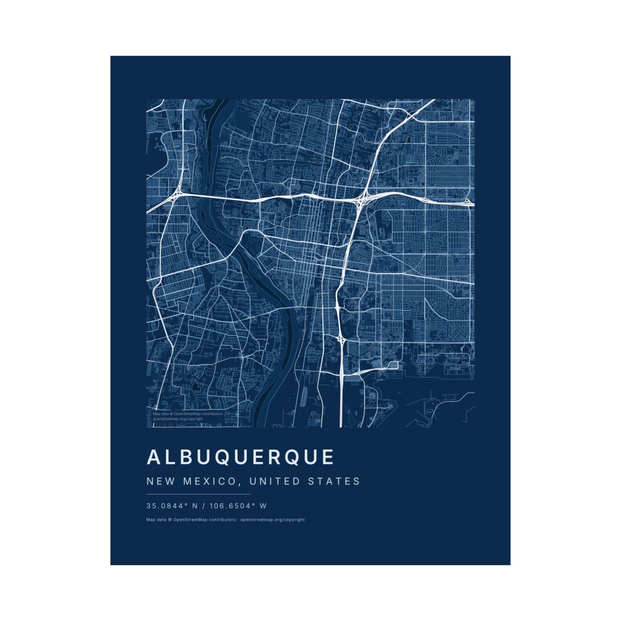 Albuquerque, New Mexico City Map Print — Blueprint Navy Street Map Wall Art