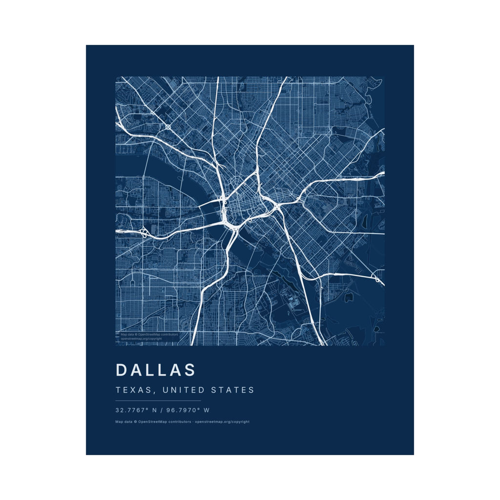 Dallas, Texas City Map Print — Blueprint Navy Street Map Wall Art