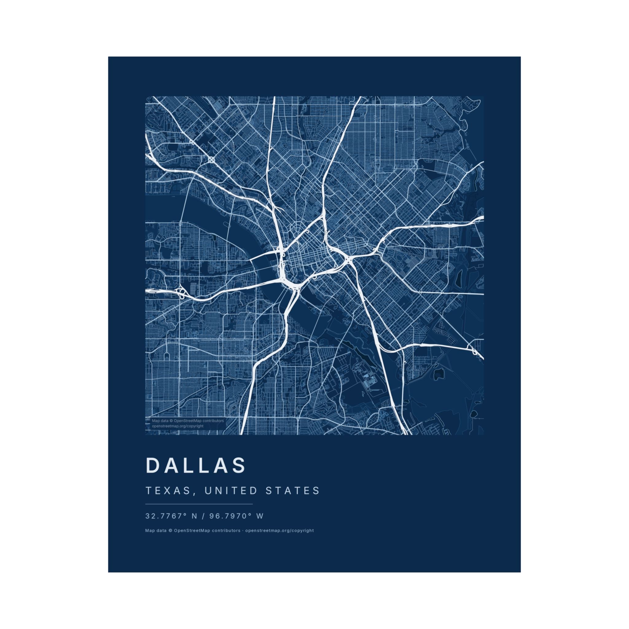 Dallas, Texas City Map Print — Blueprint Navy Street Map Wall Art