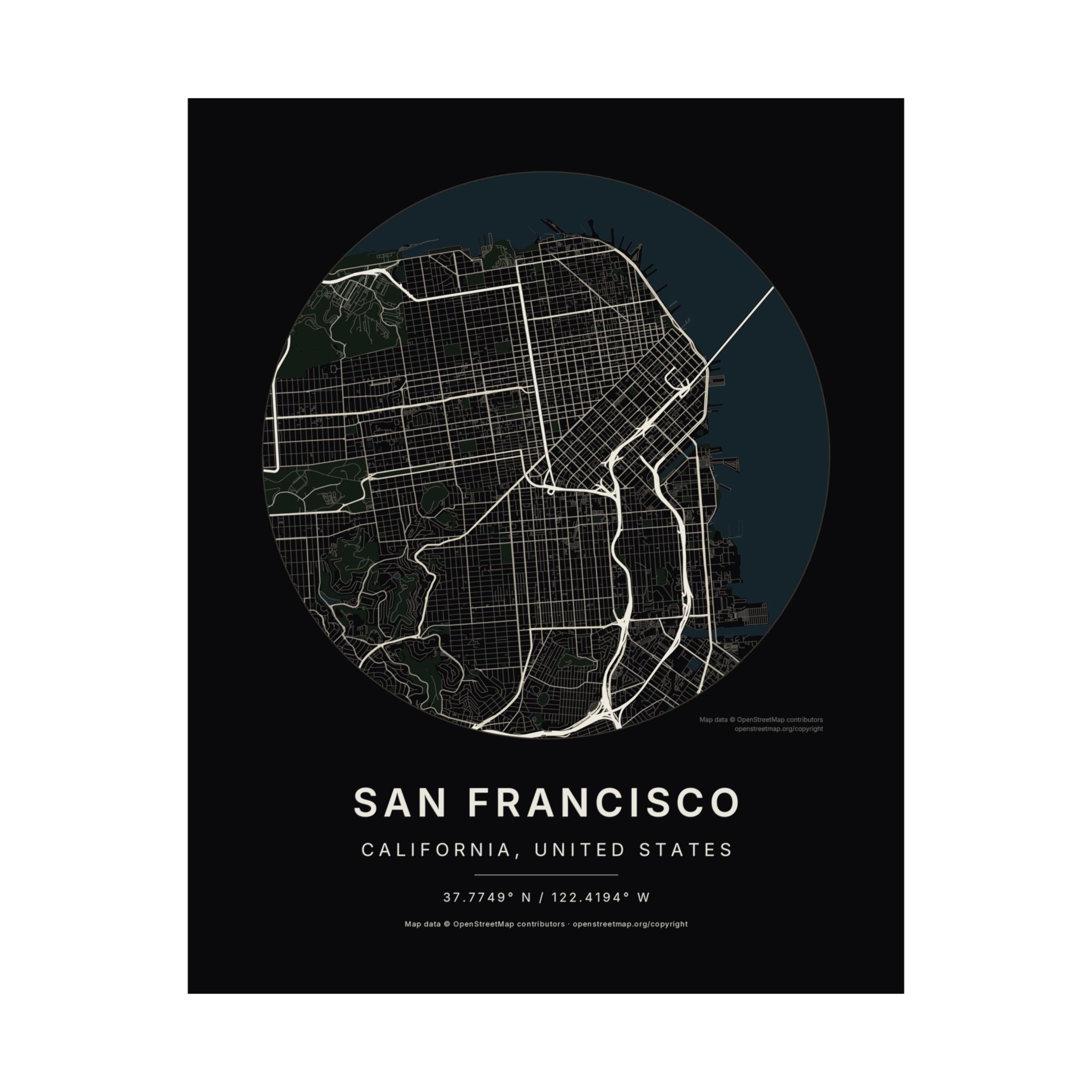 San Francisco, California City Map Print — Noir Black Street Map Wall Art