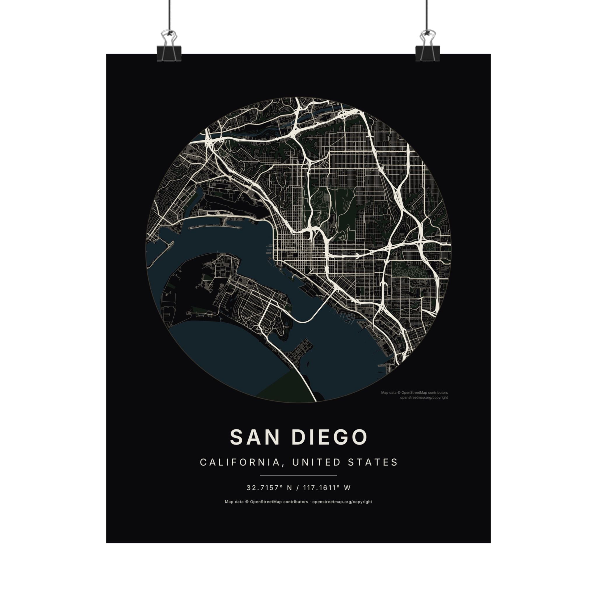 San Diego, California City Map Print — Noir Black Street Map Wall Art