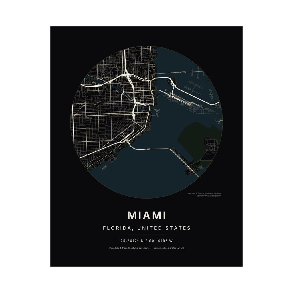 Miami, Florida City Map Print — Noir Black Street Map Wall Art